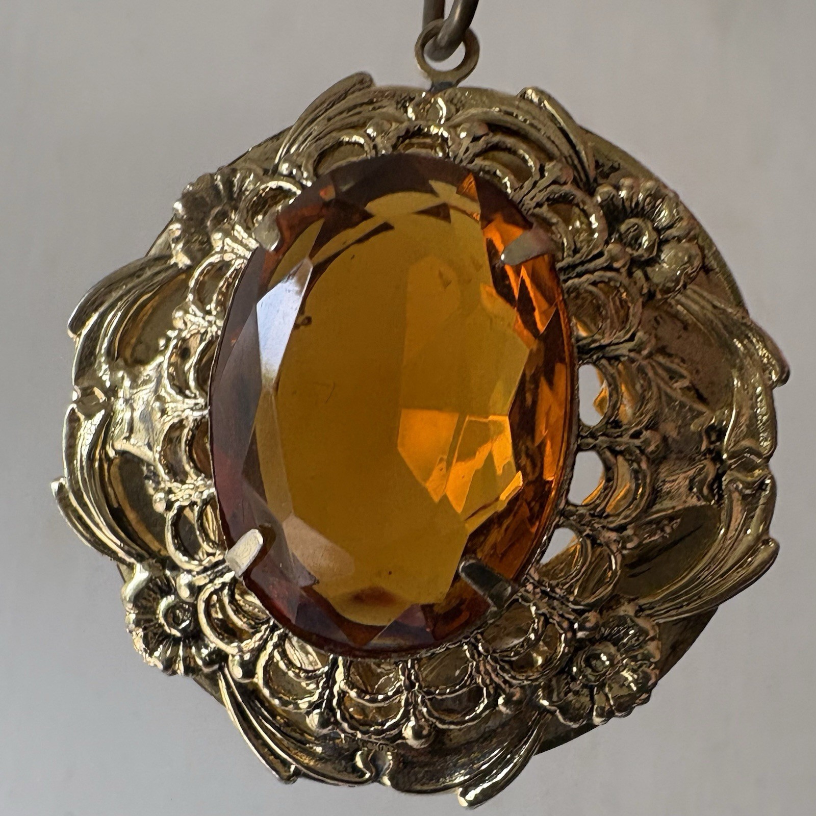 Vintage Victorian Revival Filigree Pendant Honey Amber Glass Gold Tone Ornate