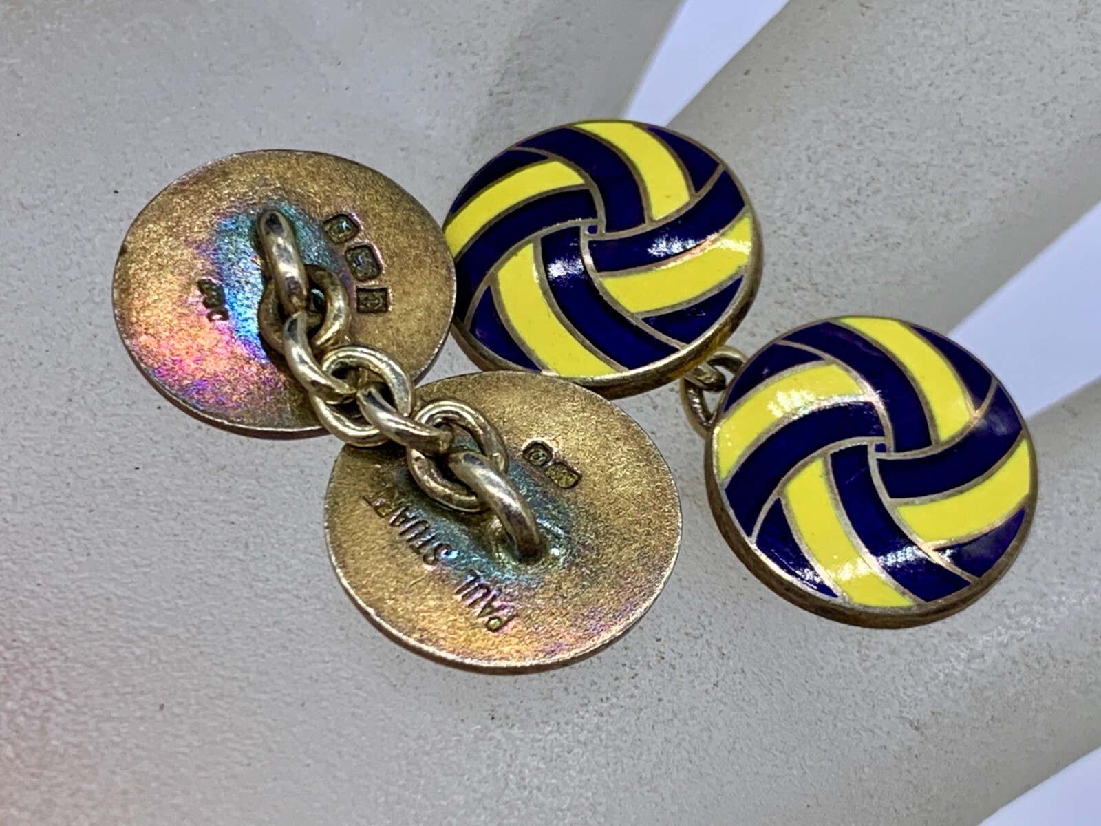 VINTAGE STERLING SILVER DEAKIN FRANCIS PAUL STUART ENAMEL YELLOW BLUE CUFFLINKS