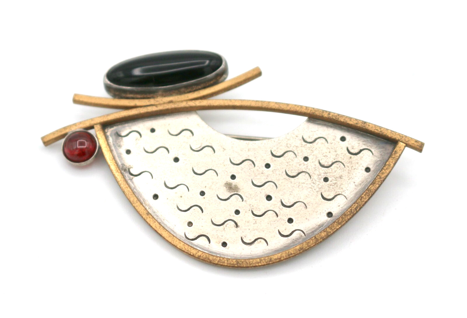 VTG Modernist Deborah CLOSE Sterling Mixed Metal Garnet Cabochon Onyx Pin Brooch