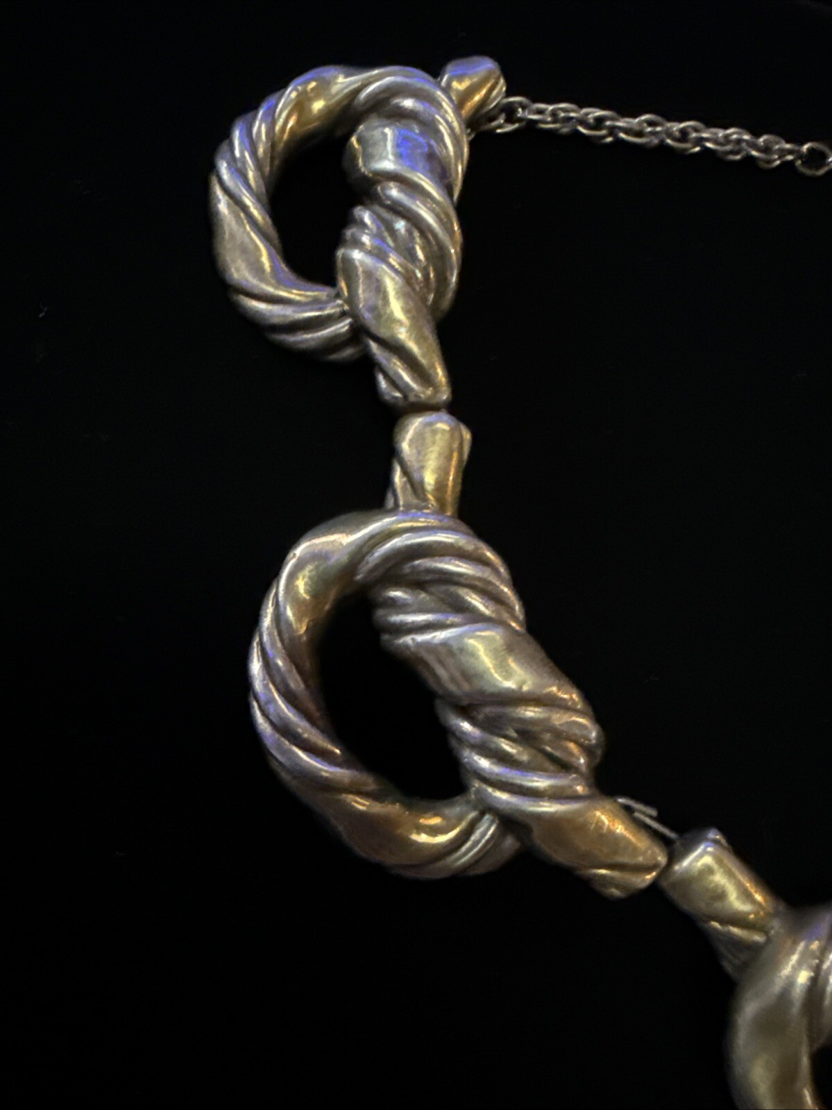 Vintage “RARE ” 925 Sterling Silver W/touch Gold 5 Knotted Rope Necklace 15.5