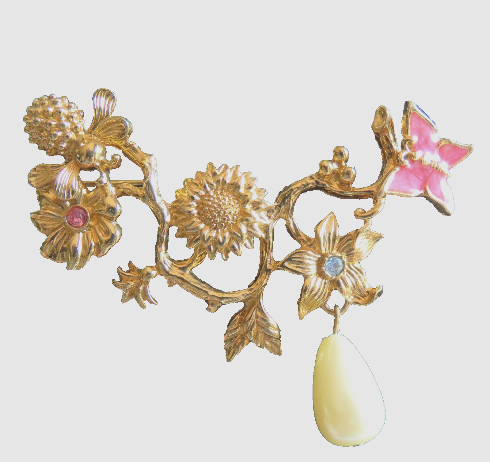 Vintage Garden of Eden Pin Brooch Butterfly Bee Flowers Drop Faux Pearl Avon