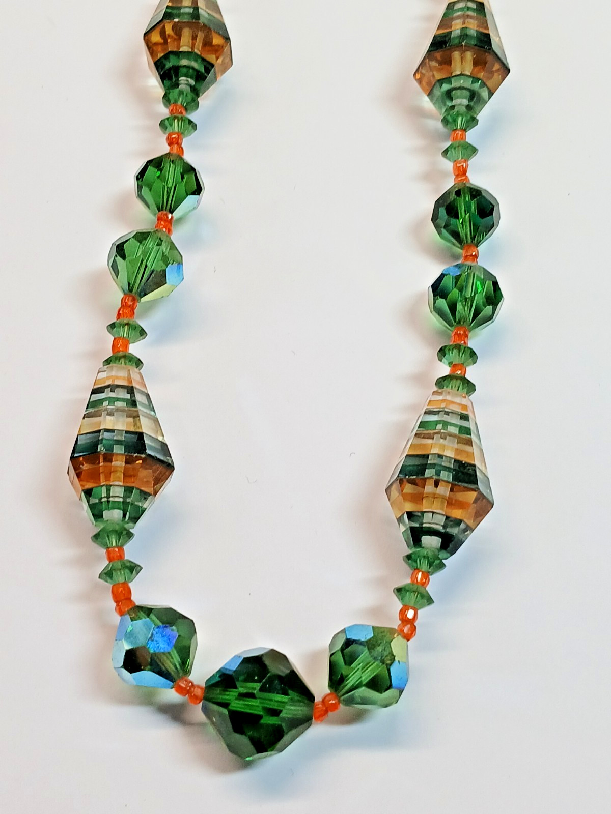 Vendome Green Orange Spiral Striped Bicone Cyrstal Bead Necklace RARE Vintage