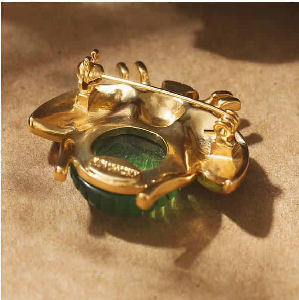 BROOCH-Vintage Style Boho Insect, Green Glass & Rhinestone Inlay, Alloy Base