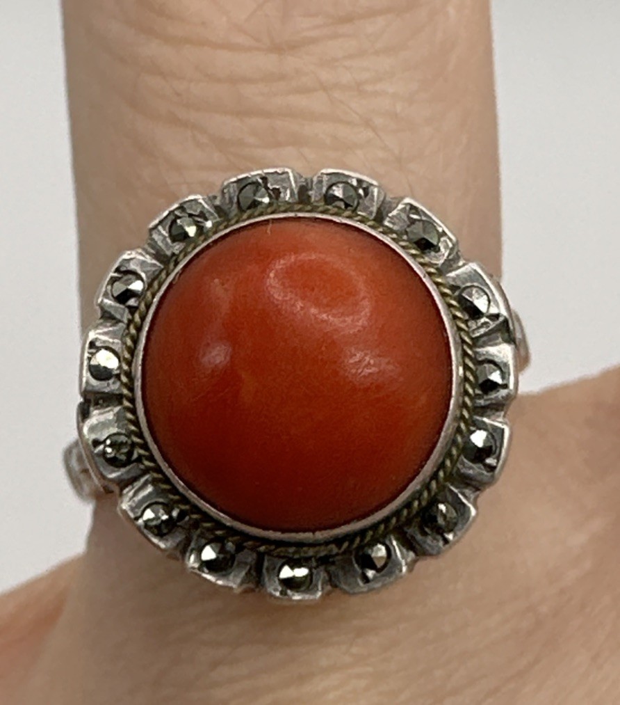Sterling Silver Coral Marcasite Ring Sz 6 Vintage