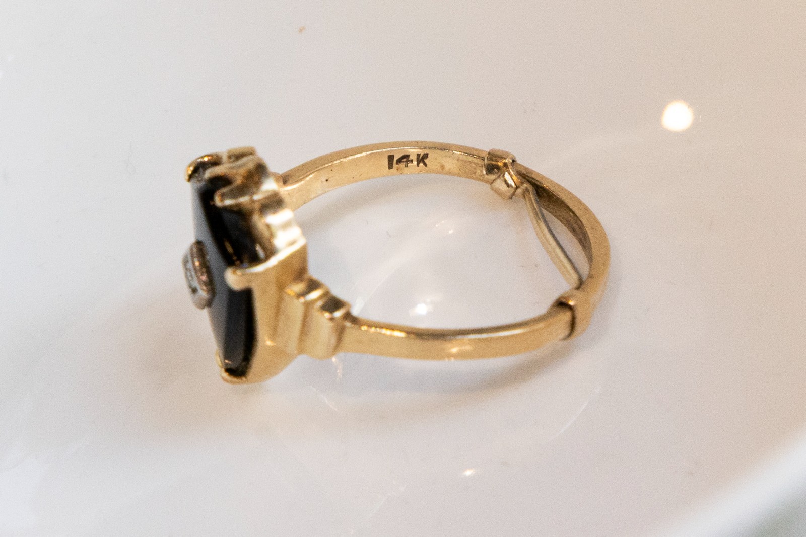 14k Gold Ring Art Deco 1920’s B&F Black Onyx w Diamond