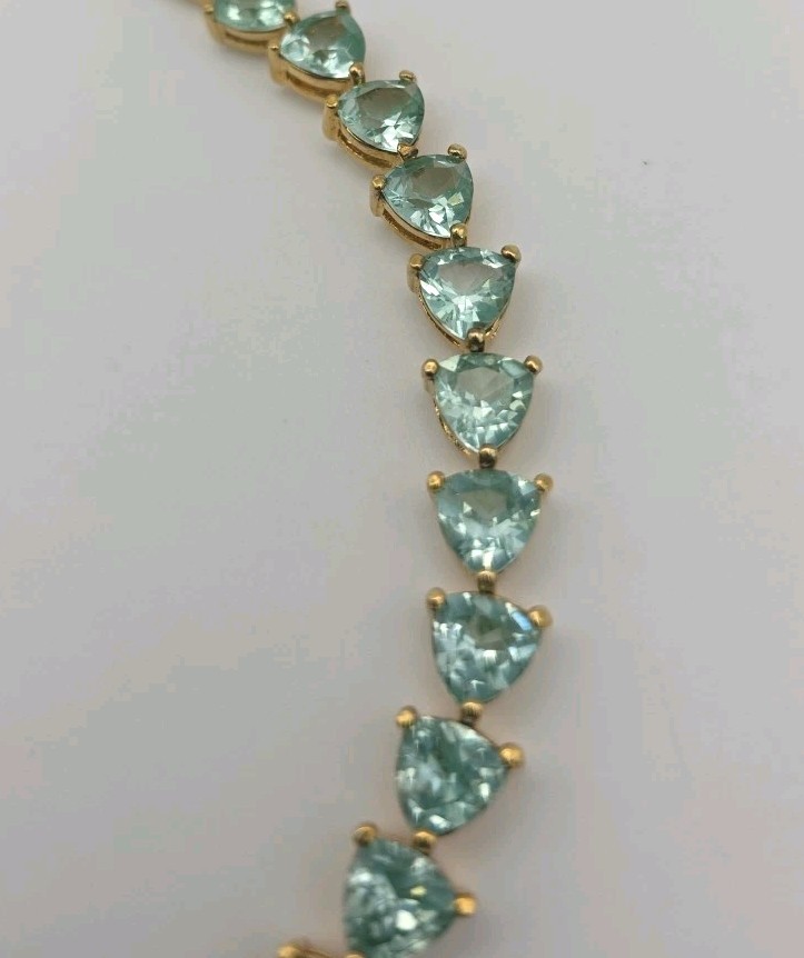 Aqua Blue Green Gold Vermeil Trillion Cut Faux Aquamarine Tennis Bracelet 6.75″