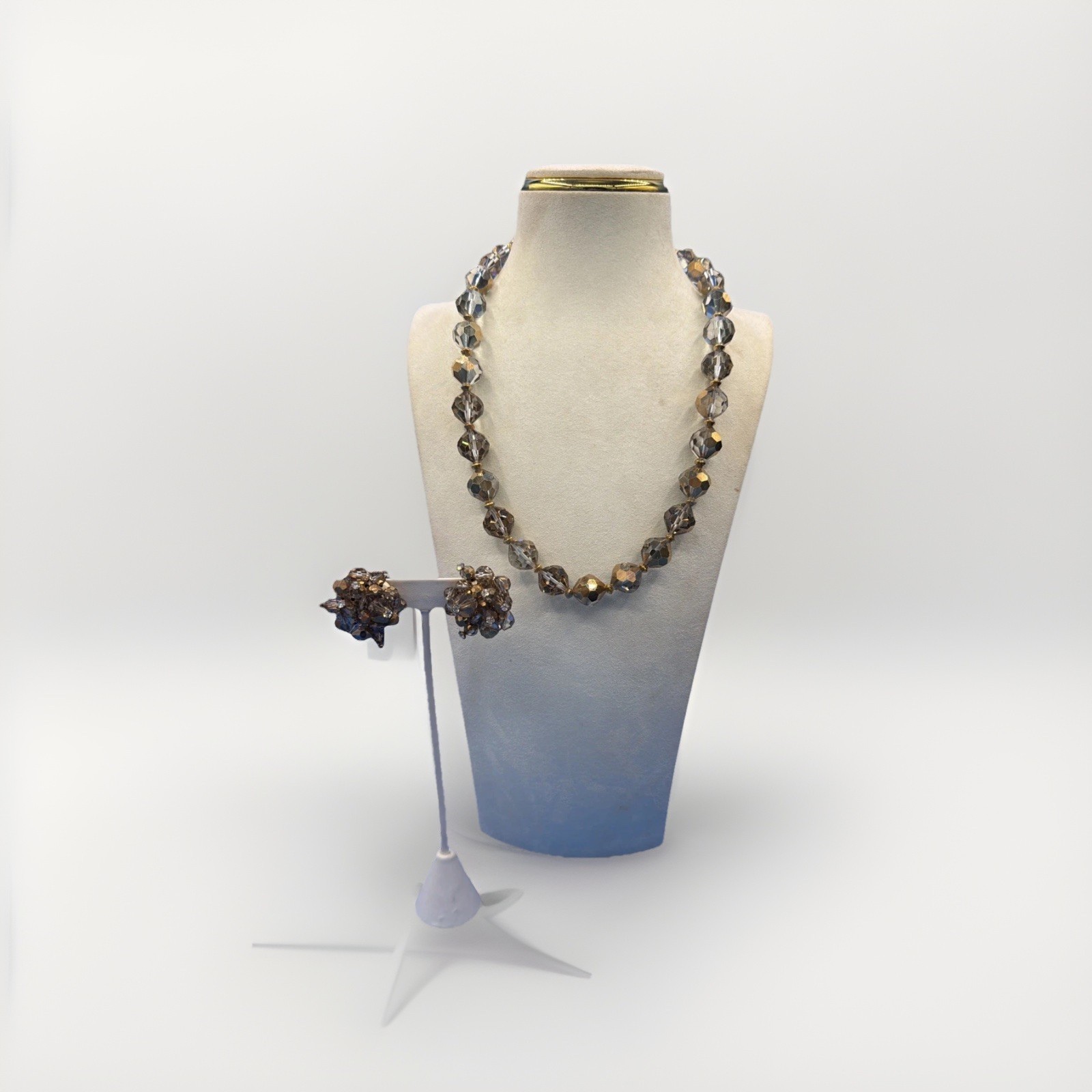 Vintage Faceted Glass Bead Necklace & Clip Earrings Set – Elegant Retro Jewelry