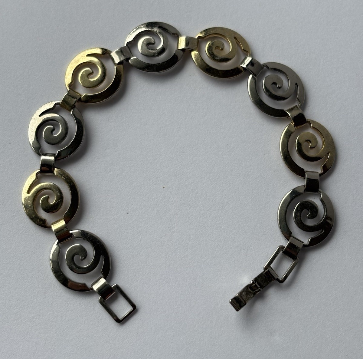 Vintage Sterling Silver and Gold Plated Spiral Wave Link Bracelet 7.5″ 14.43g