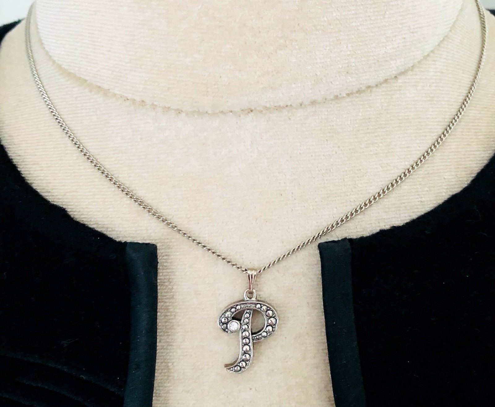 P Initial Monogram Letter Pendant Necklace Marcasite Art Deco Style Jewelry Gift