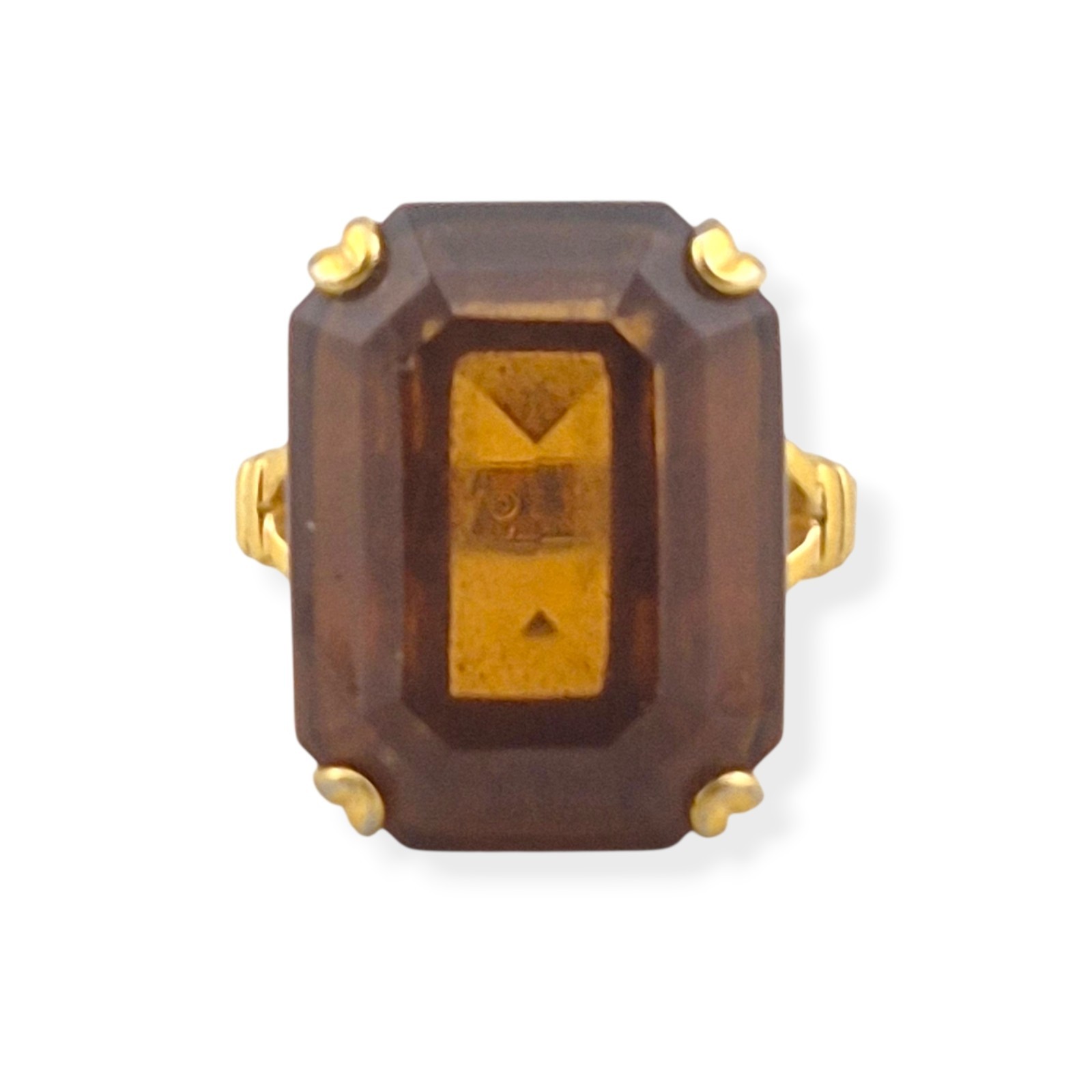 Vintage 1978 Avon Smoky Lustre Ring Emerald Cut Faux Topaz Glass Gold Tone Sz 7