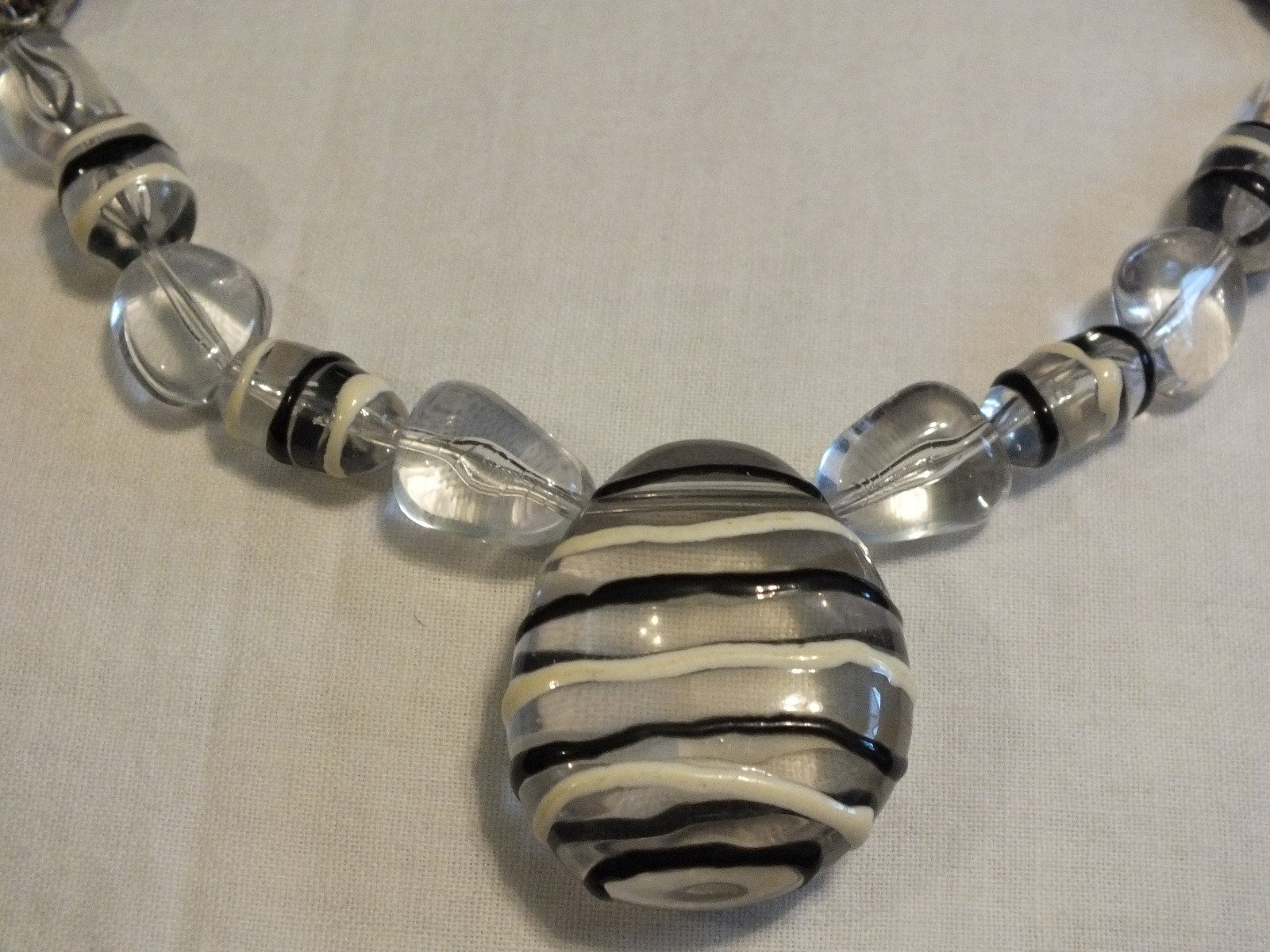 Beautiful Necklace Silver Tone Black Cord Clear Beads Black Off White Enamel