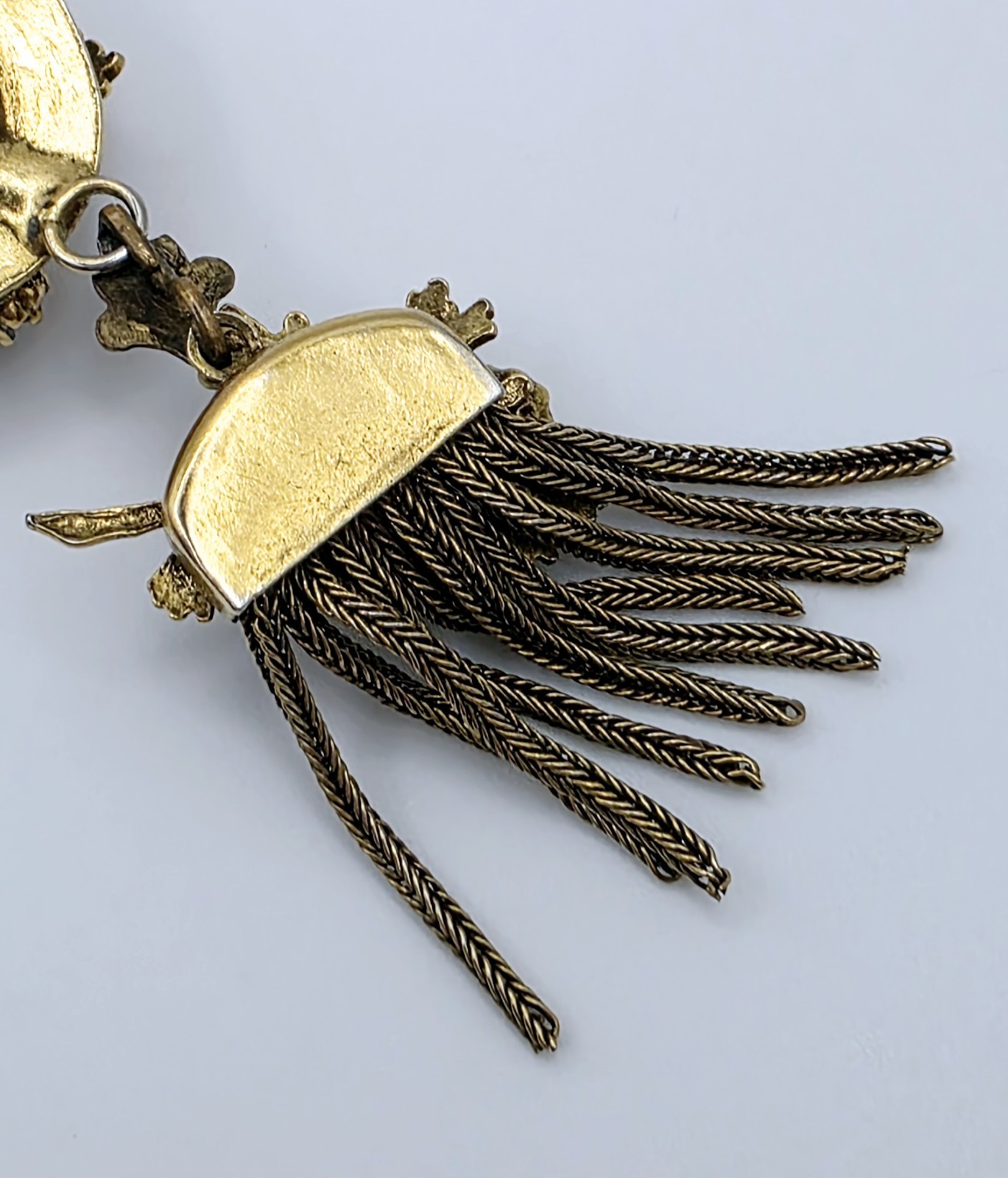 Vintage Germany Amber Glass Cabochon Tassel Pendant Necklace Rhinestone Leaf