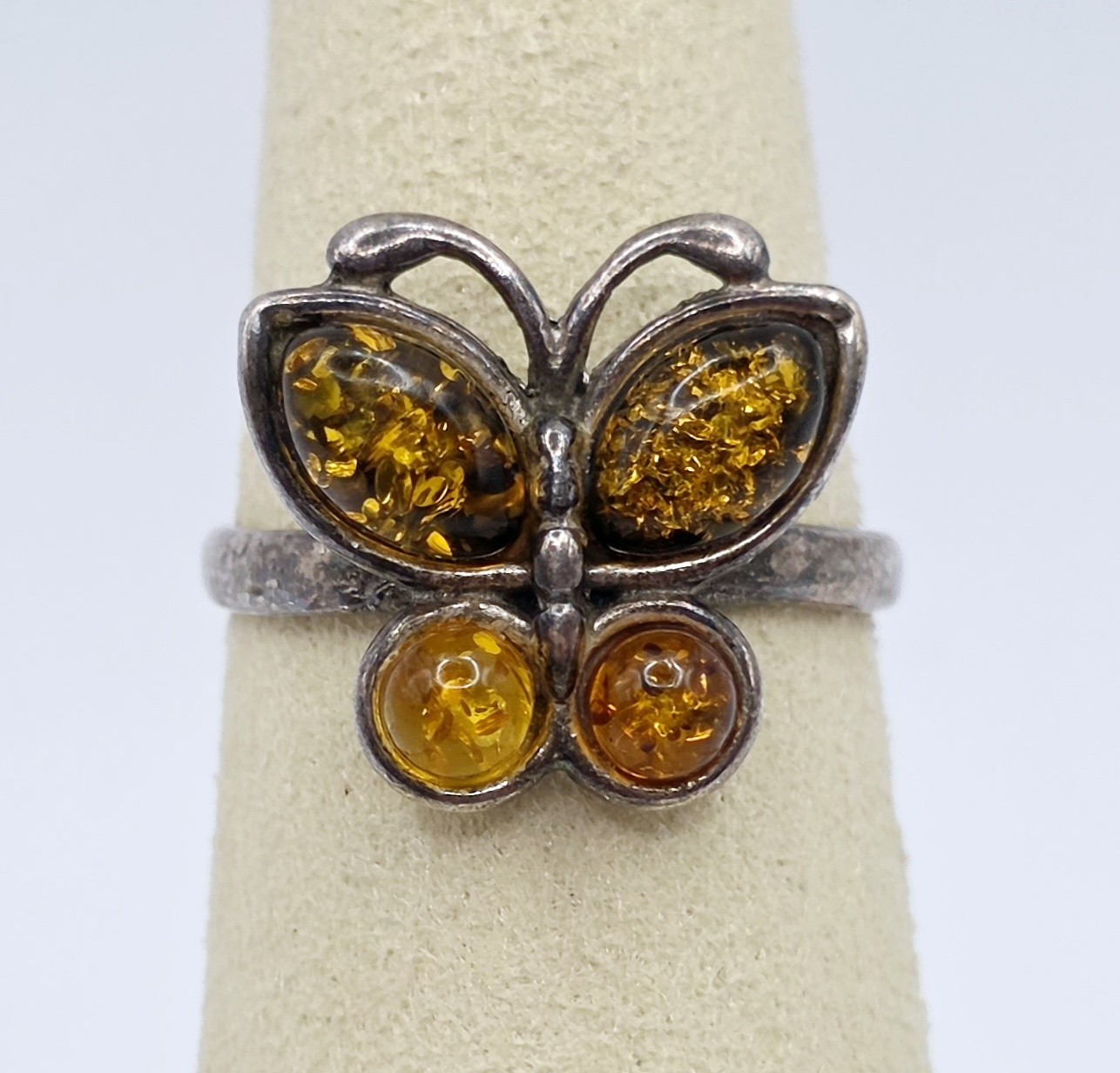 Vintage 925 Sterling Silver Baltic Amber Butterfly Ring Multi Color Size 7.5