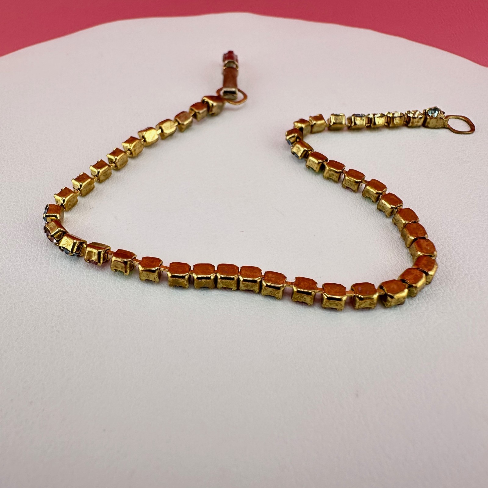 Vintage Rhinestone Bracelet Pastel Multi Color Gold Tone Tennis Cup Chain 6.75″