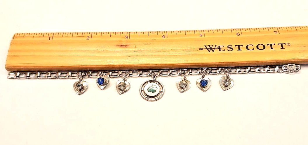 Vtg Sterling Silver Shamrock Bracelet w/Gem Heart Charms Double Flower Box Lock