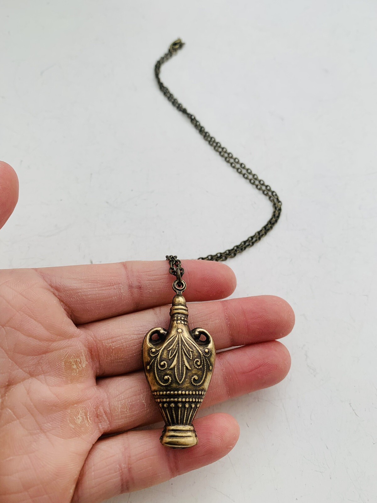 Vintage Style Bronze Tone Egyptian Revival Intricate Vase Pendant Necklace