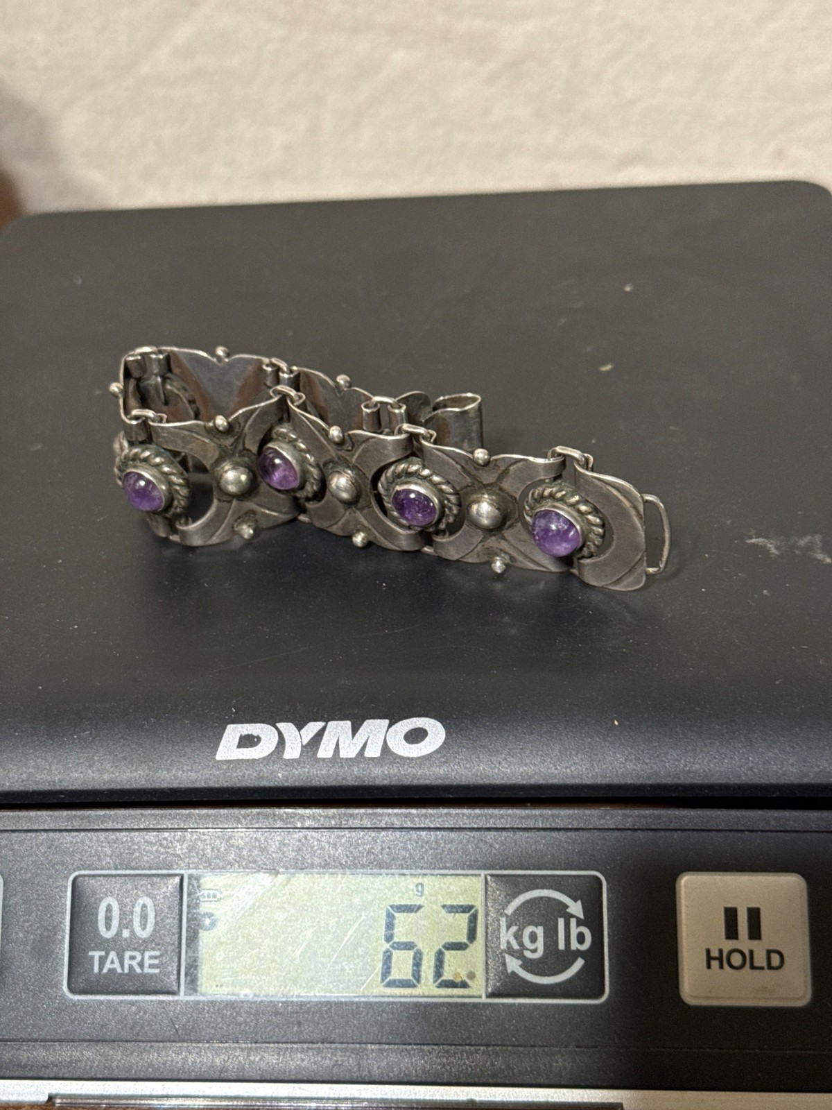 Vintage Taxco Mexico 980 Silver Amethyst Link Bracelet Heavy Mid Century Moderni