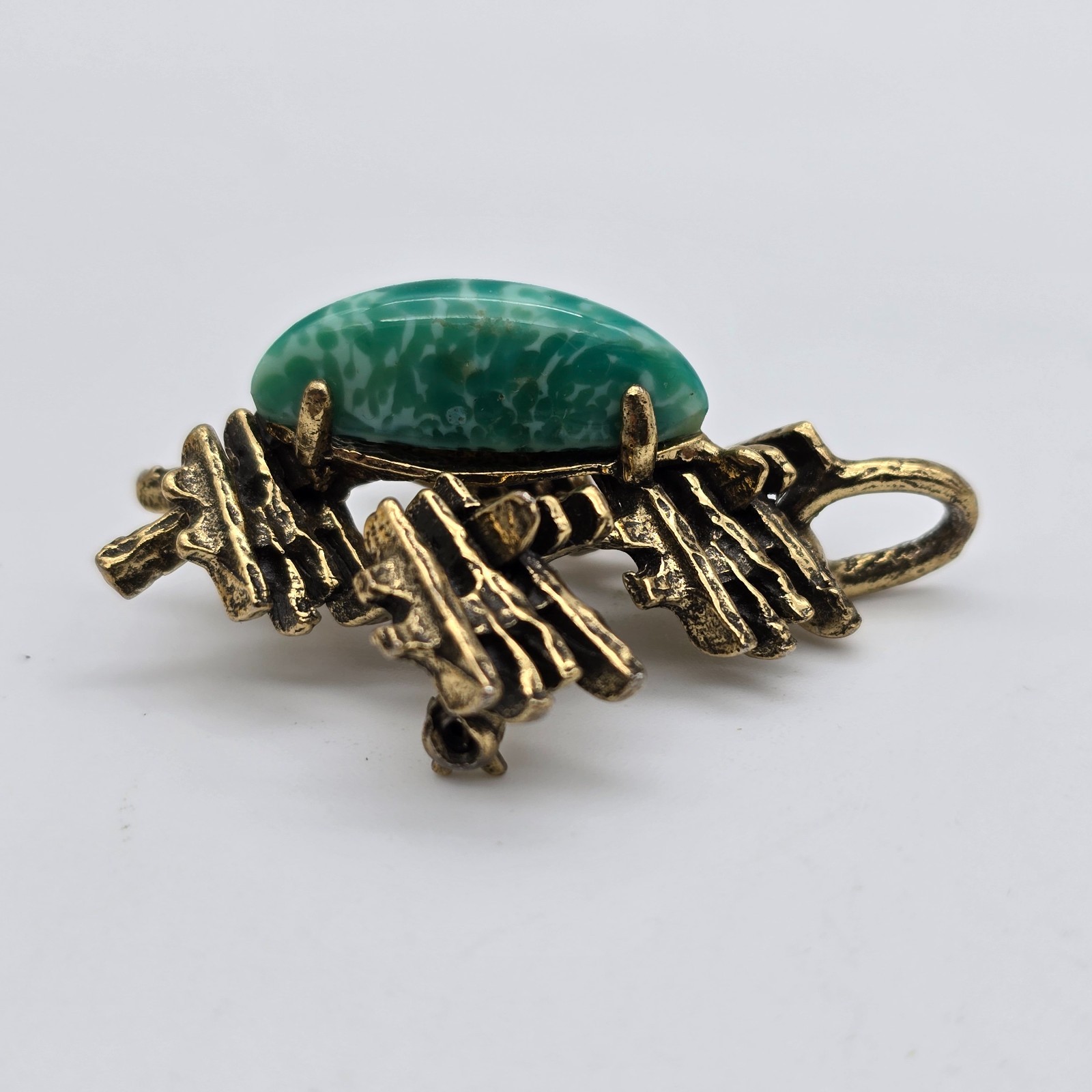 Vintage ZENTALL Brutalist Green Glass Gold Tone Brooch / Pendant