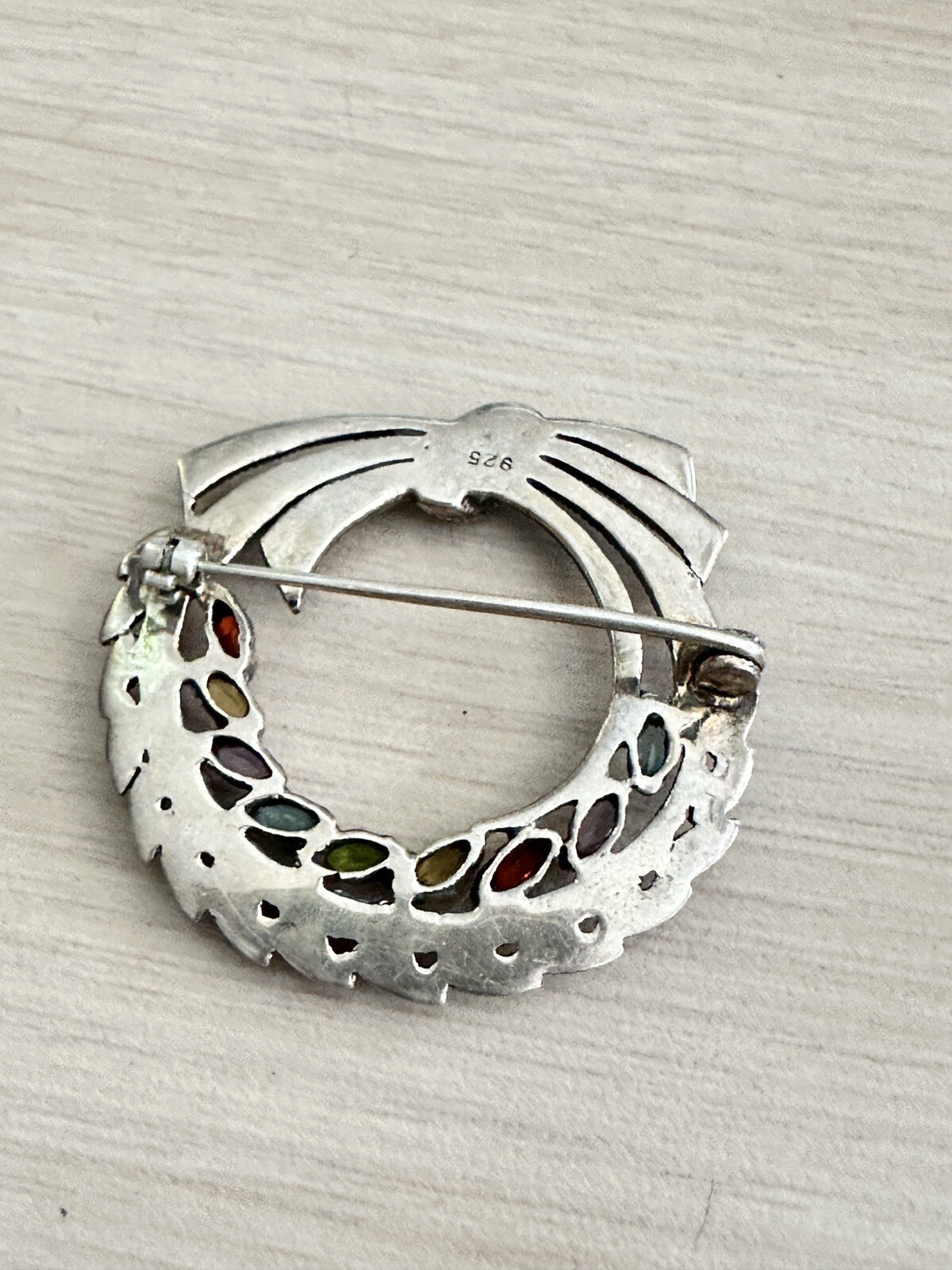 Sterling Silver Semi Precious Multicolor Stones and Marcasite Circle Bow Pin