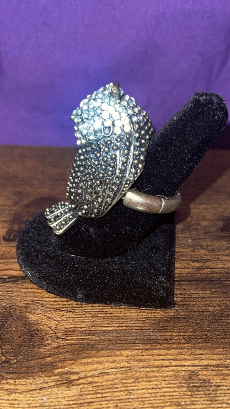 Vintage Estate Owl Rhinestone Cocktail Statement Ring & Sparkly Stud Earrings