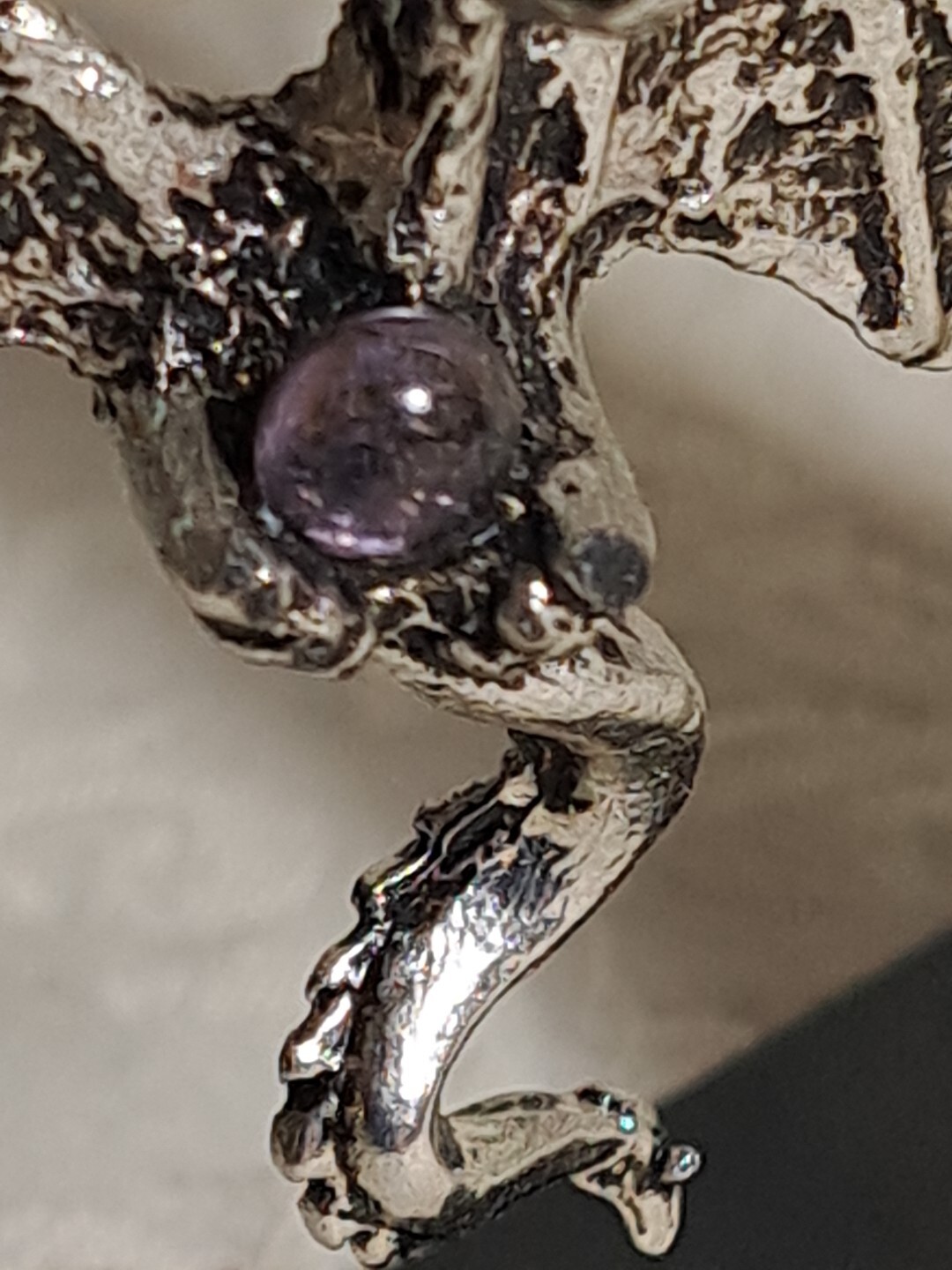 Vintage Fine Metal Dragon Serpent Pierced Earrings Purple Crystal Ball 2.25×1.5