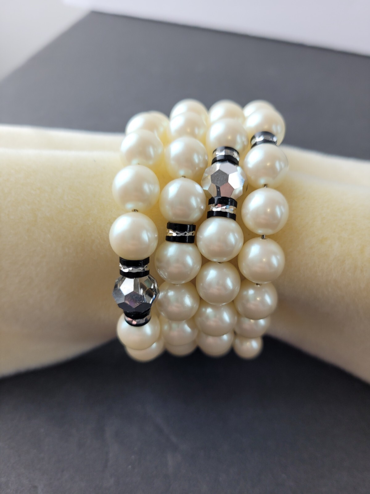 Vintage Faux Pearl Wrap Bracelet Multi Strand Black Silver Tone Beads