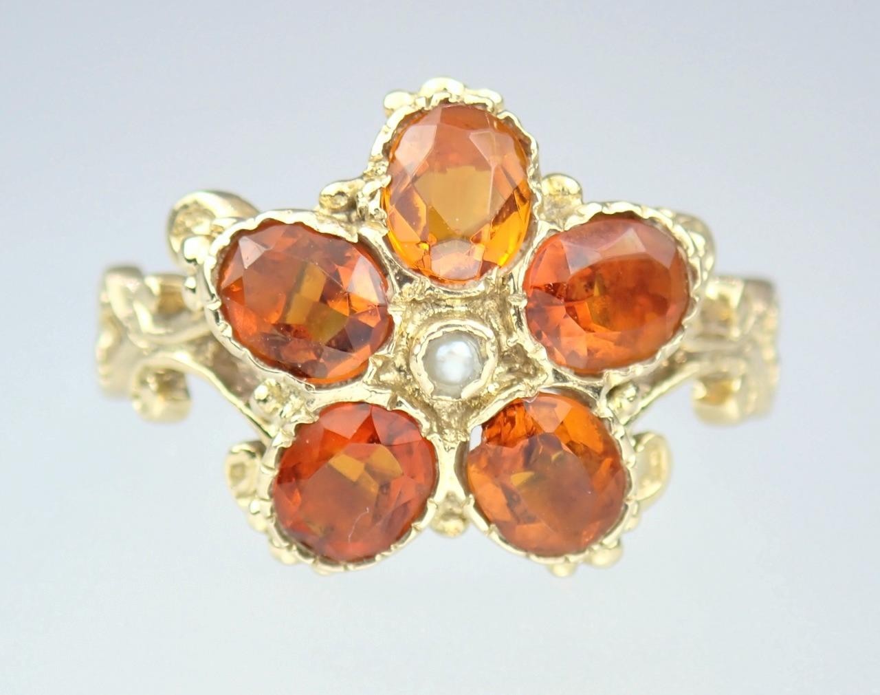 Pretty Vintage Solid 9K Gold Madeira Citrine Pearl Floral Scroll Ring 1971 7.25