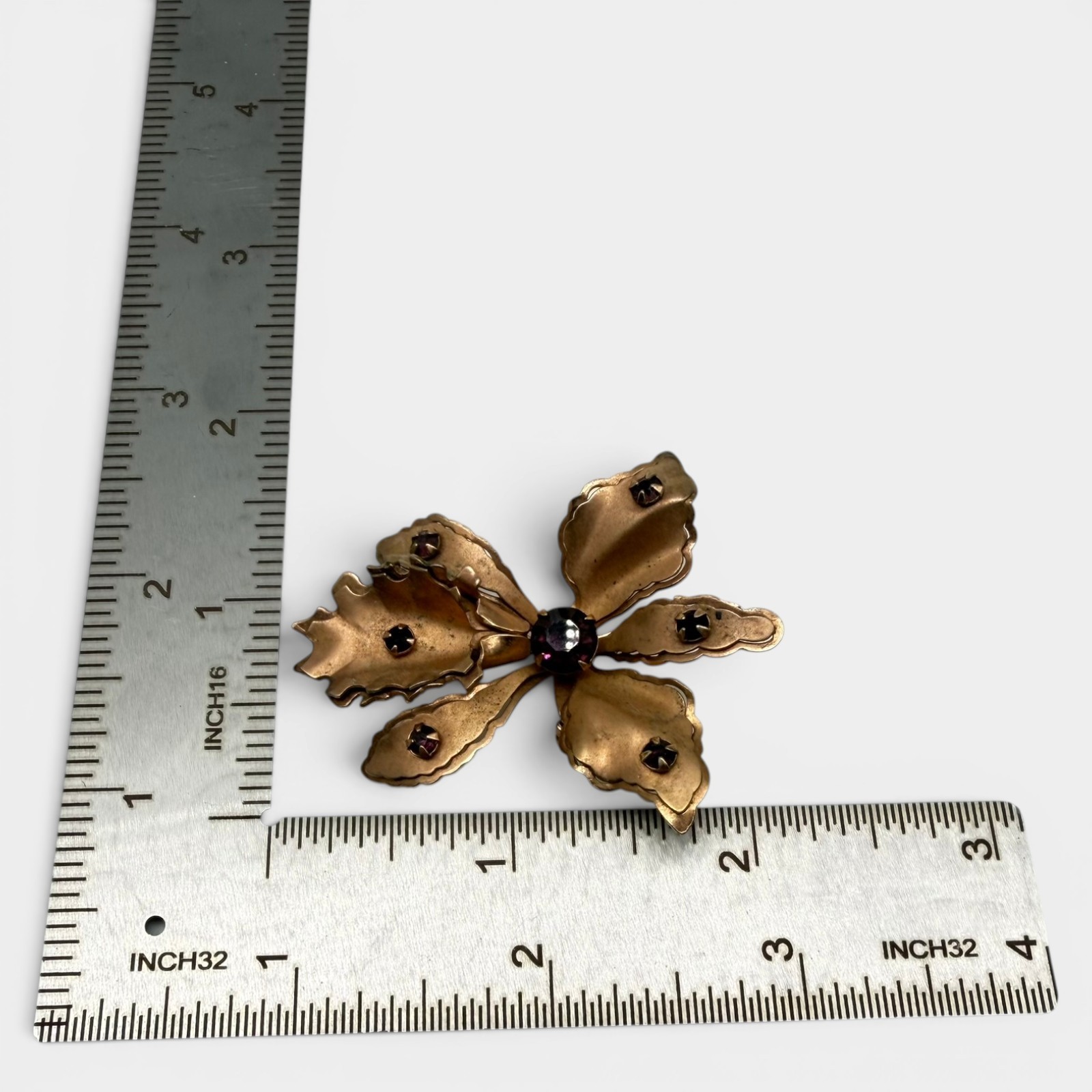 Vintage Orchid Flower Brooch Pendant Purple Rhinestones Gold Tone Floral Pin 2″