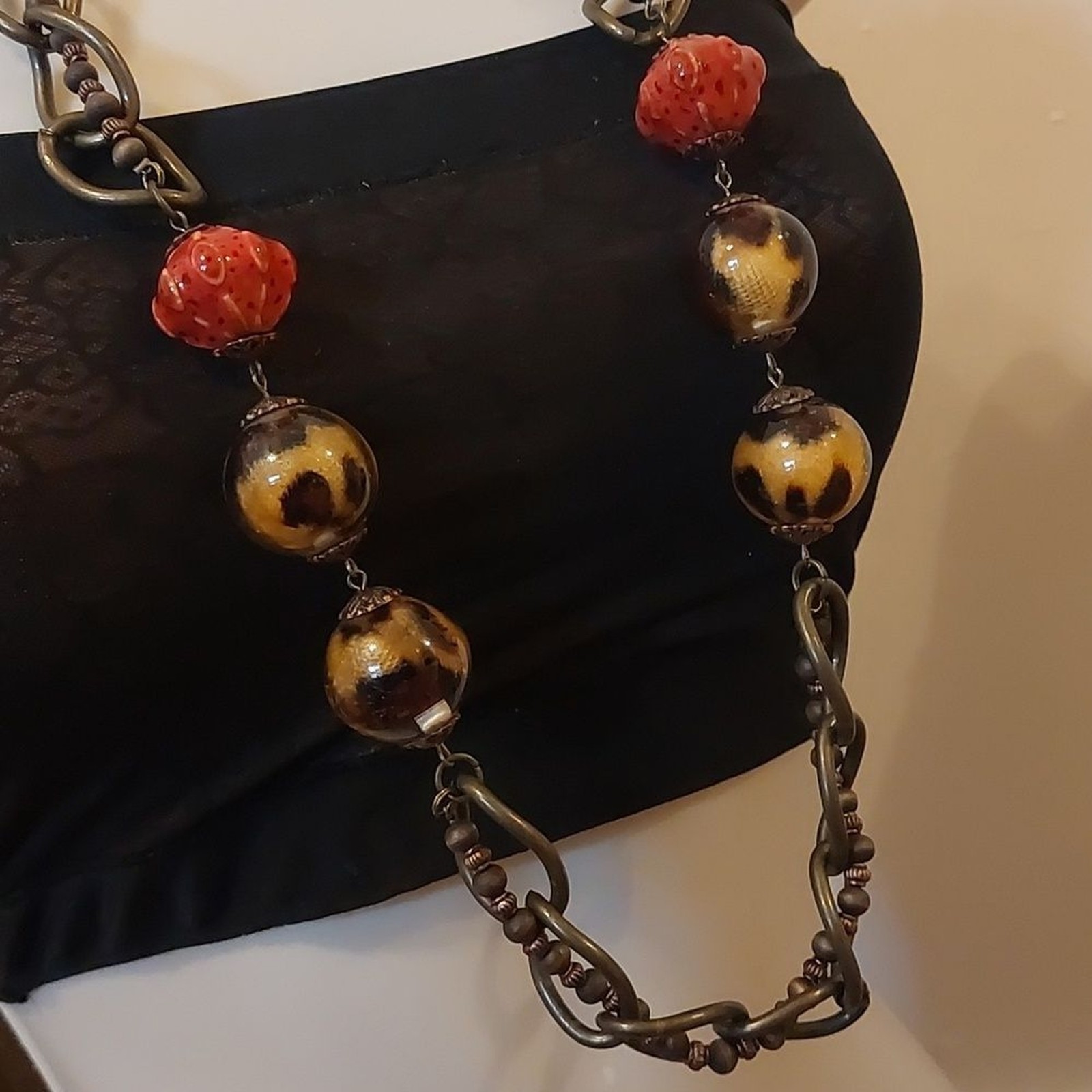 OOAK Unique Vintage Artisal Mixed Media Necklace Copper Wood Glass Ceramic