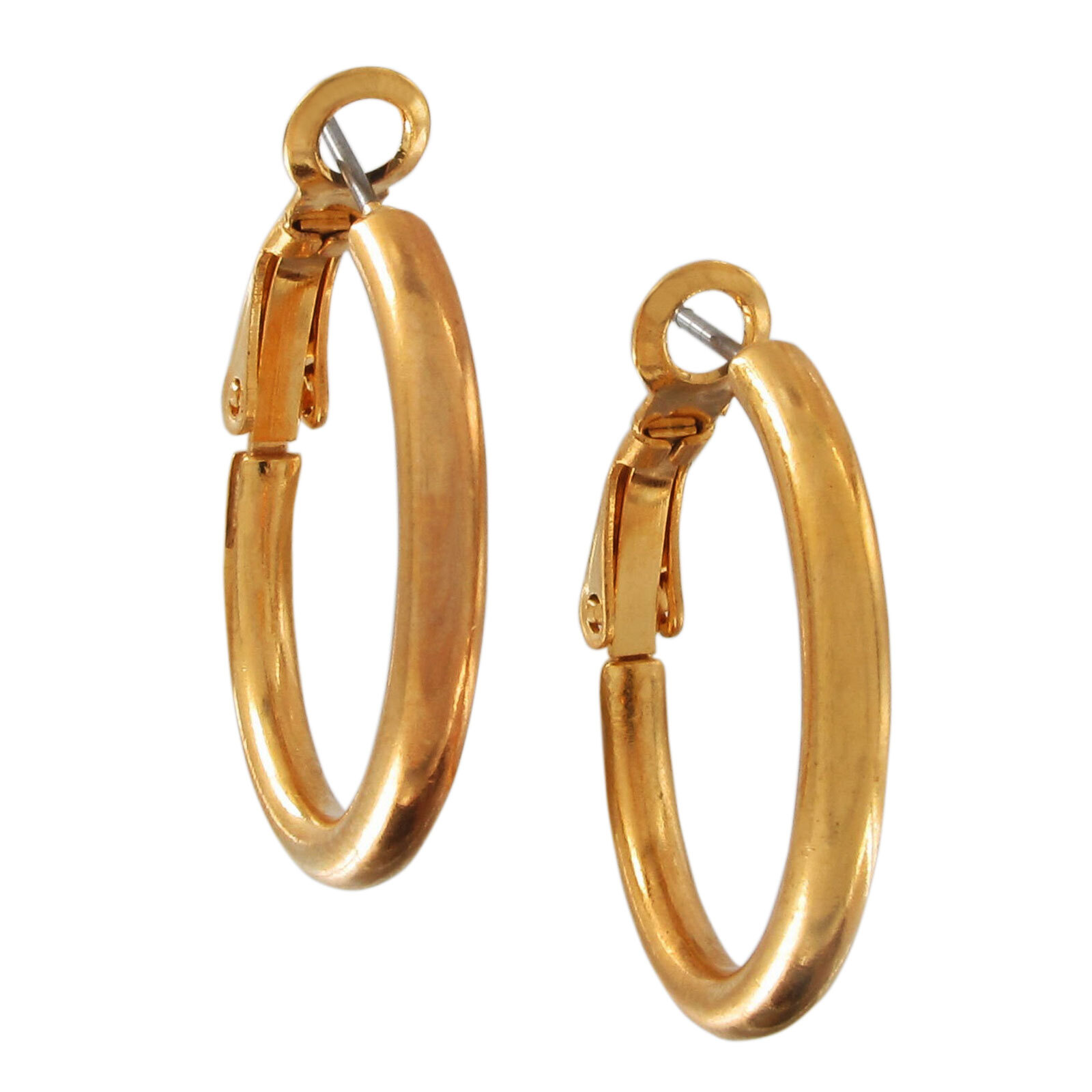 Classic Shiny Gold Tone Solid Plain Round Hoop Earrings Pierced For Women 1″