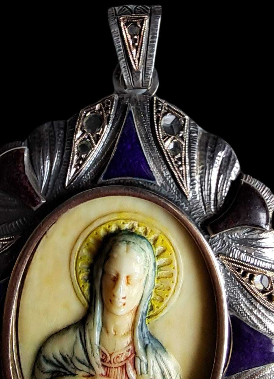 Fine Antique Art Nouveau Silver Gold Enamel Virgin Mary Madonna Pendant Ca 1900