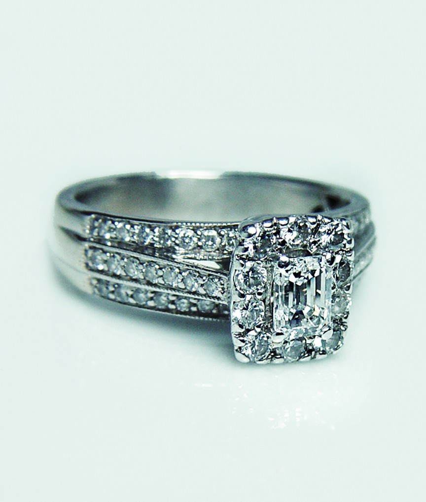 Vintage 14K White Gold Emerald Cut Diamond Halo Engagement Right Hand Ring