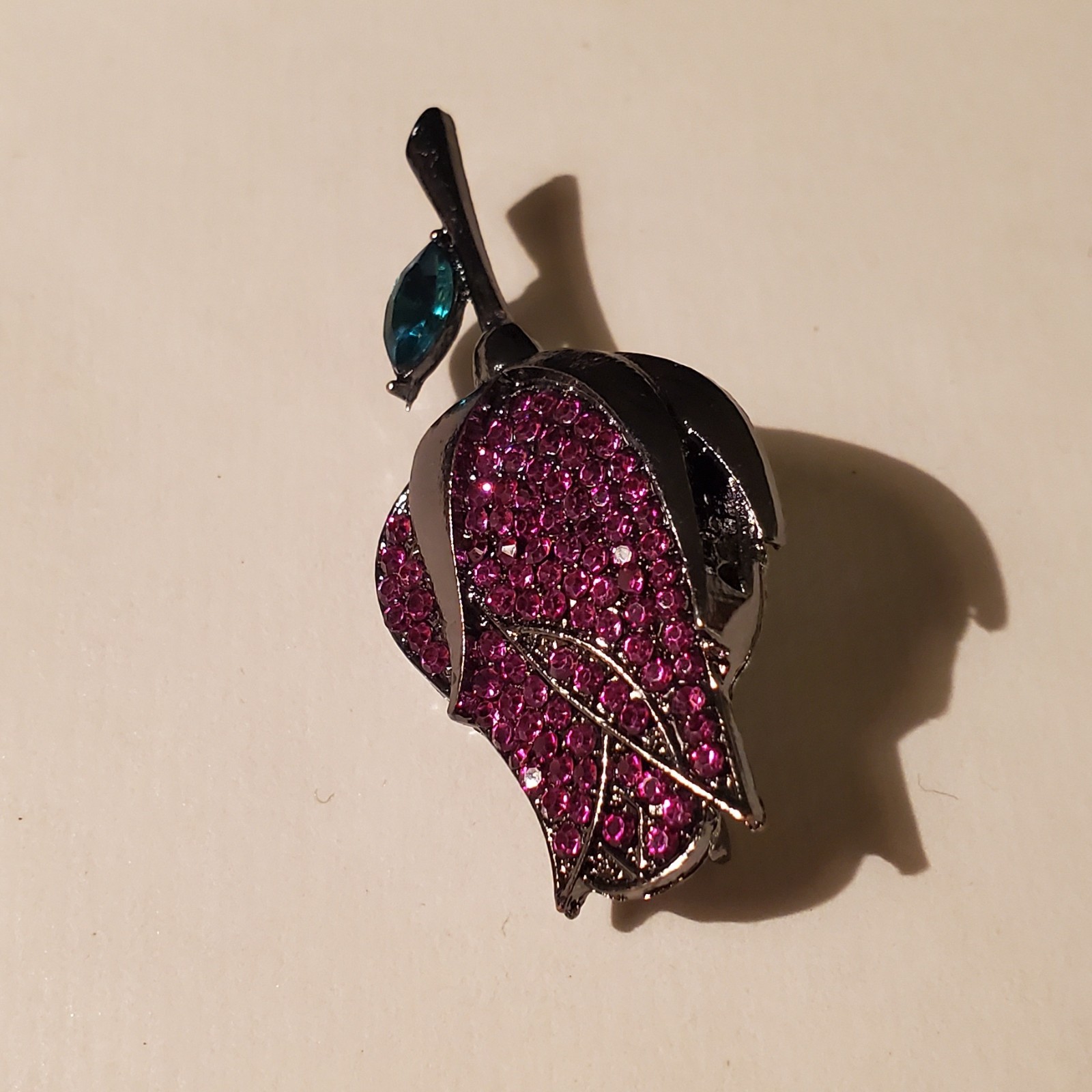 Gunmetal Rose Brooch Pink Rhinestones Teal Accent Gothic Romantic Dark Magic