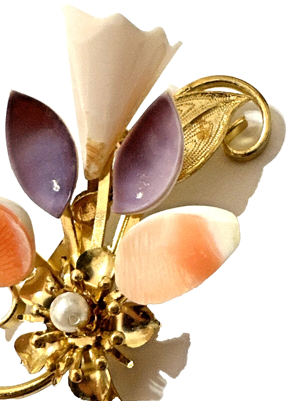 Vintage FLORAL Brooch Pink White Purple Shell Petals Gold Tone w/ Box 2″