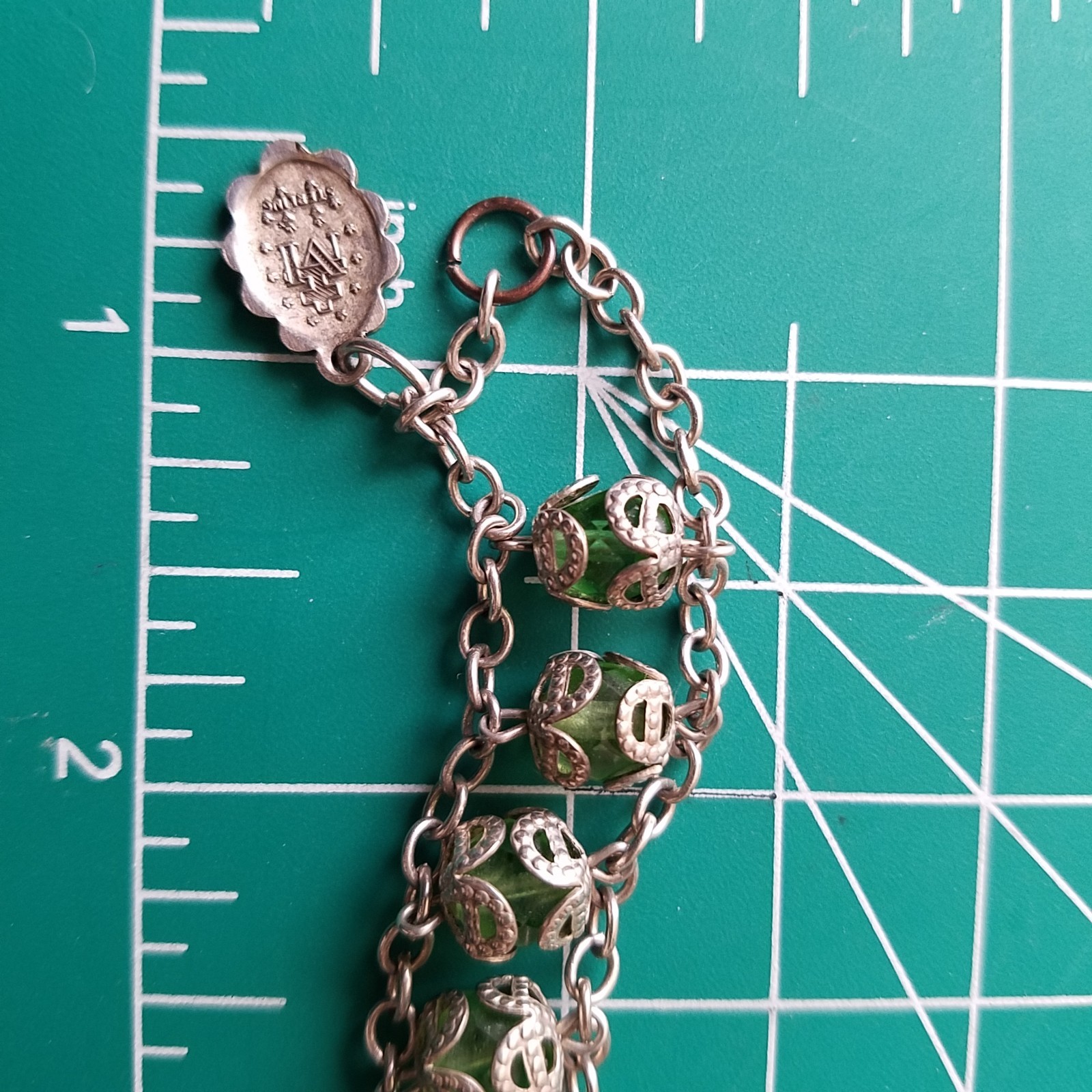 Vintage Sterling Chain Capped Green Bead Rosary Bracelet
