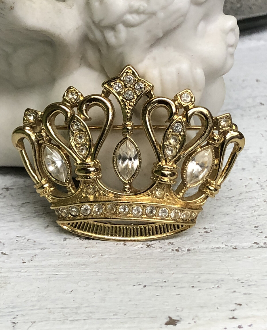 Estate Find, Signed KJL For Avon Crown With Rhinestones Brooch Pin