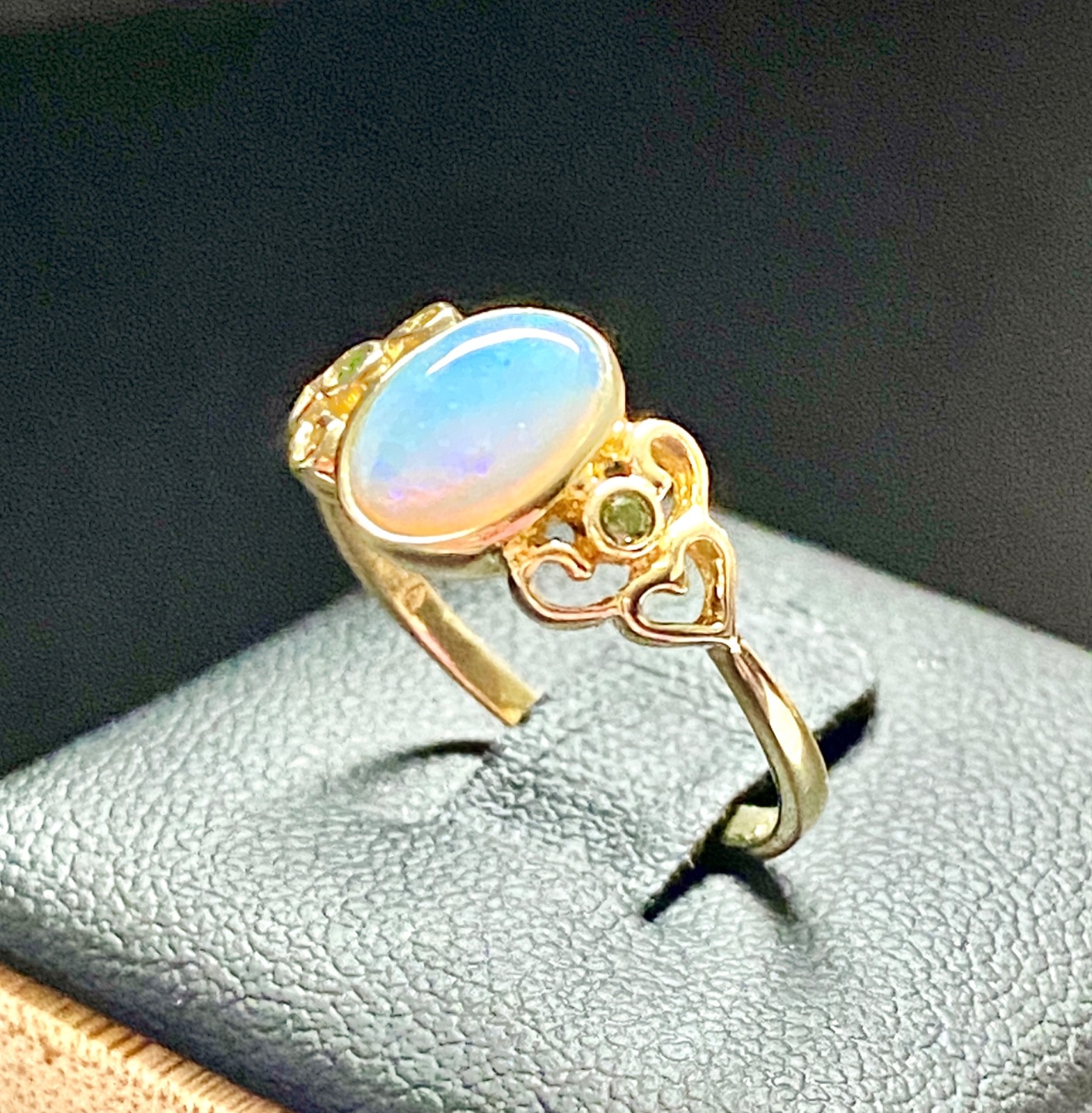 Vintage 14k Yellow Gold Heart Design Opal and Green Diamond Ring Size 7 to 7.25