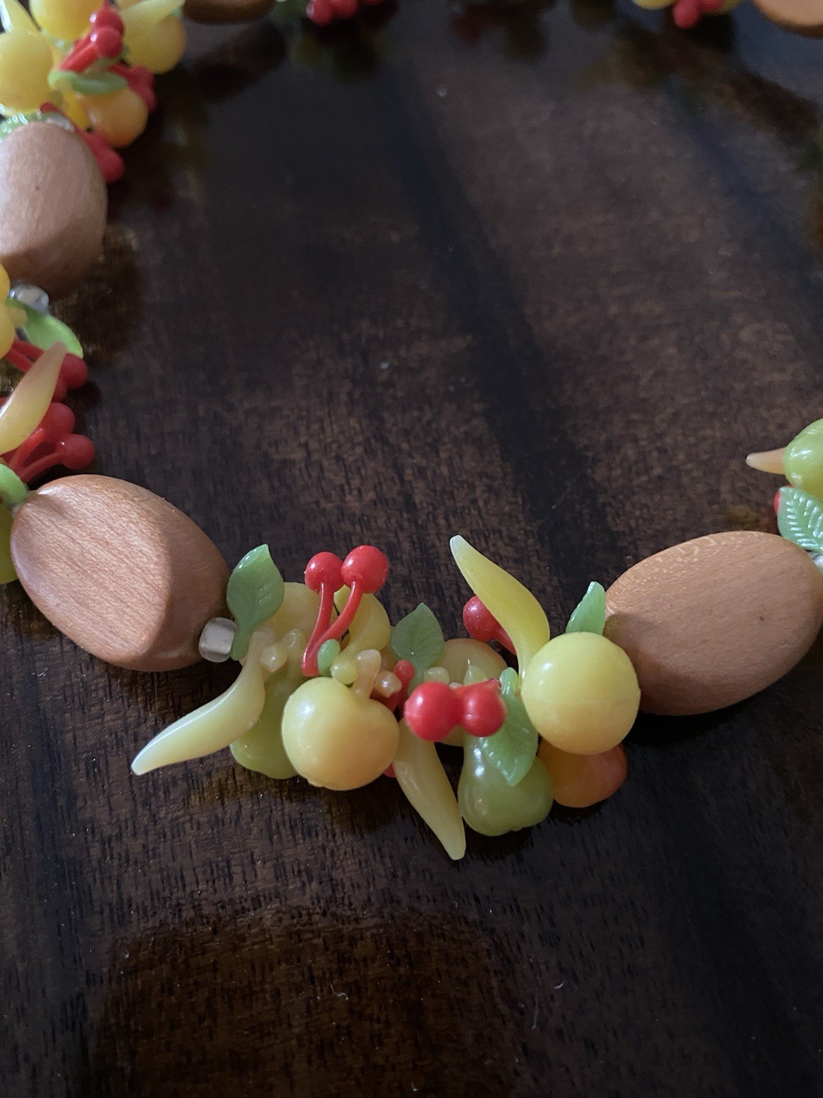 Mid Century Wood And Lucite Fruit Salad Necklace- West German