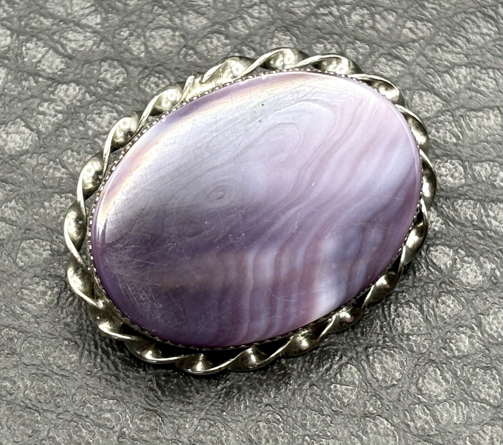 Vintage Silver Tone and Purple Shell Resin Pin Brooch