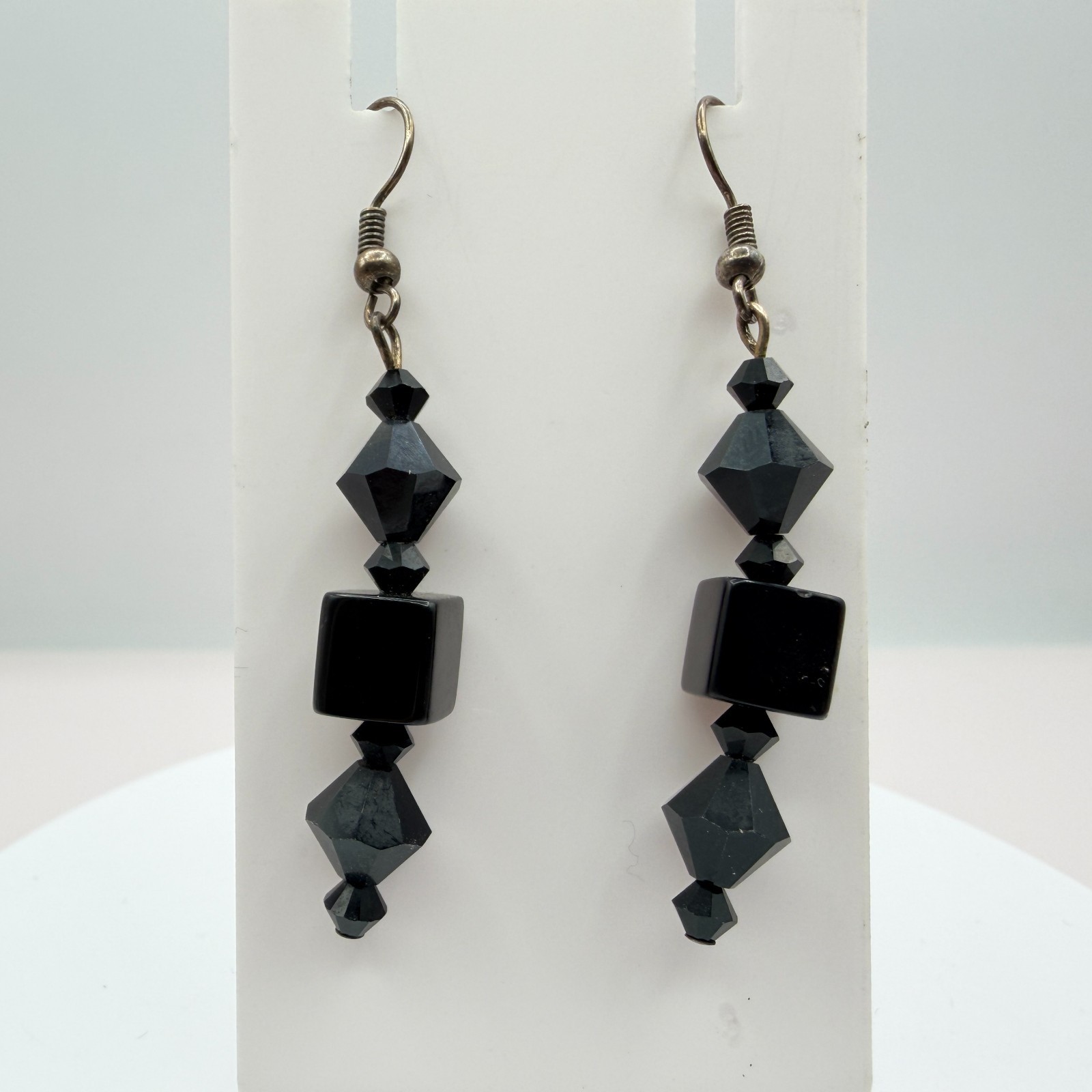 Vintage Black Beaded Bracelet Dangle Earrings Set Gunmetal Tone Geometric Goth
