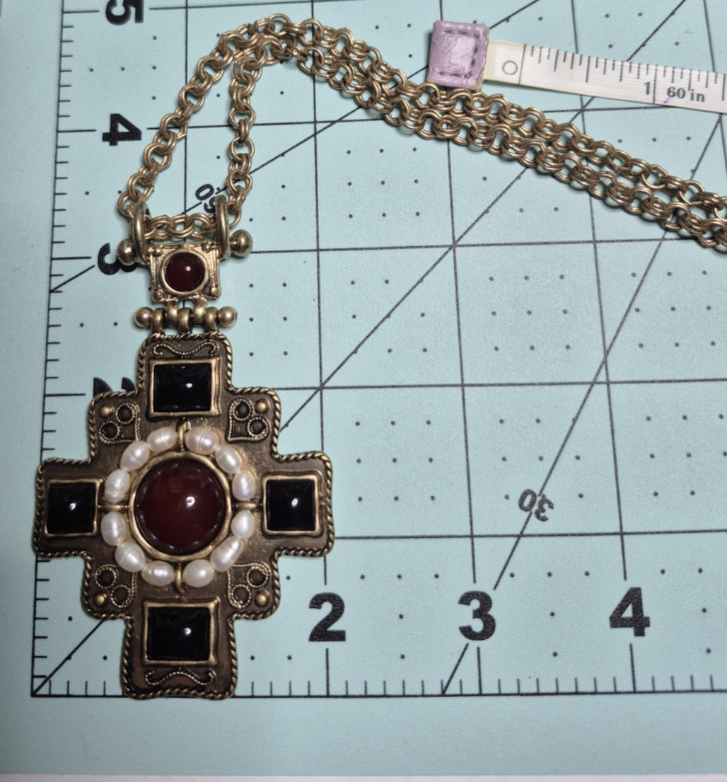 Dell’Olio Byzantine Cross Pendant Necklace Faux Pearl Red Black Statement
