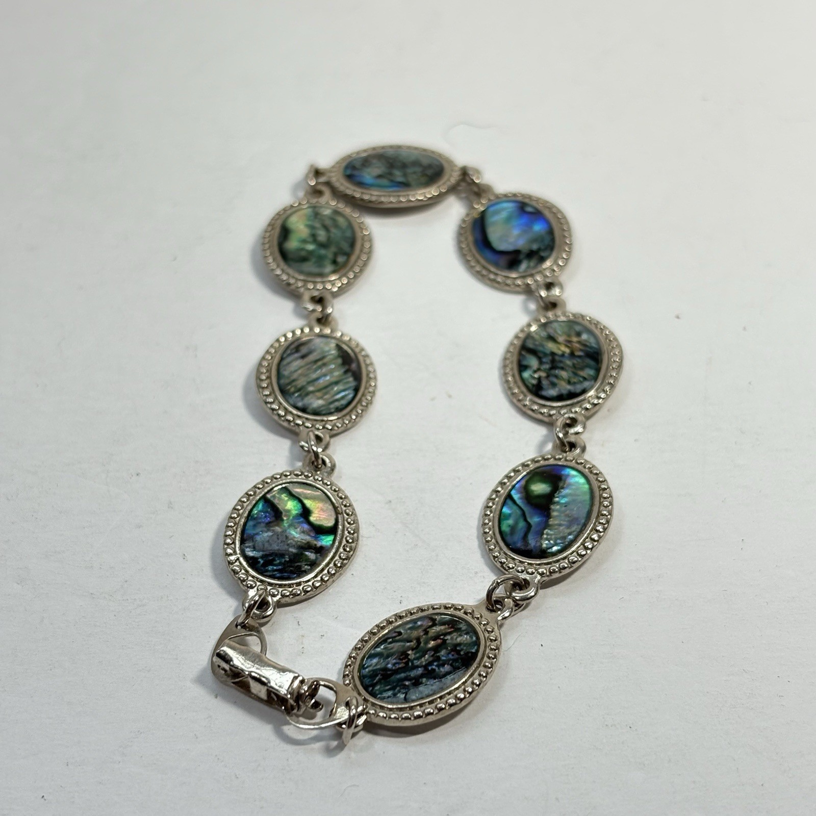 Vintage Silver Tone Abalone Link Bracelet Paua Shell Oval 8″