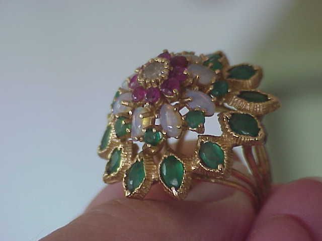 VINTAGE EUROPEAN DIAMOND-EMERALD-RUBY & OPAL STARBRUST RING SZ 5 1/2 RARE FIND