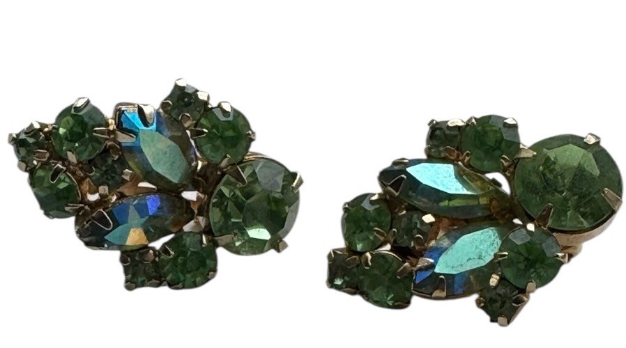 VTG Robert La Roco Green/Blue Rhinestone Clip earrings Gold Tone Fashion Bug