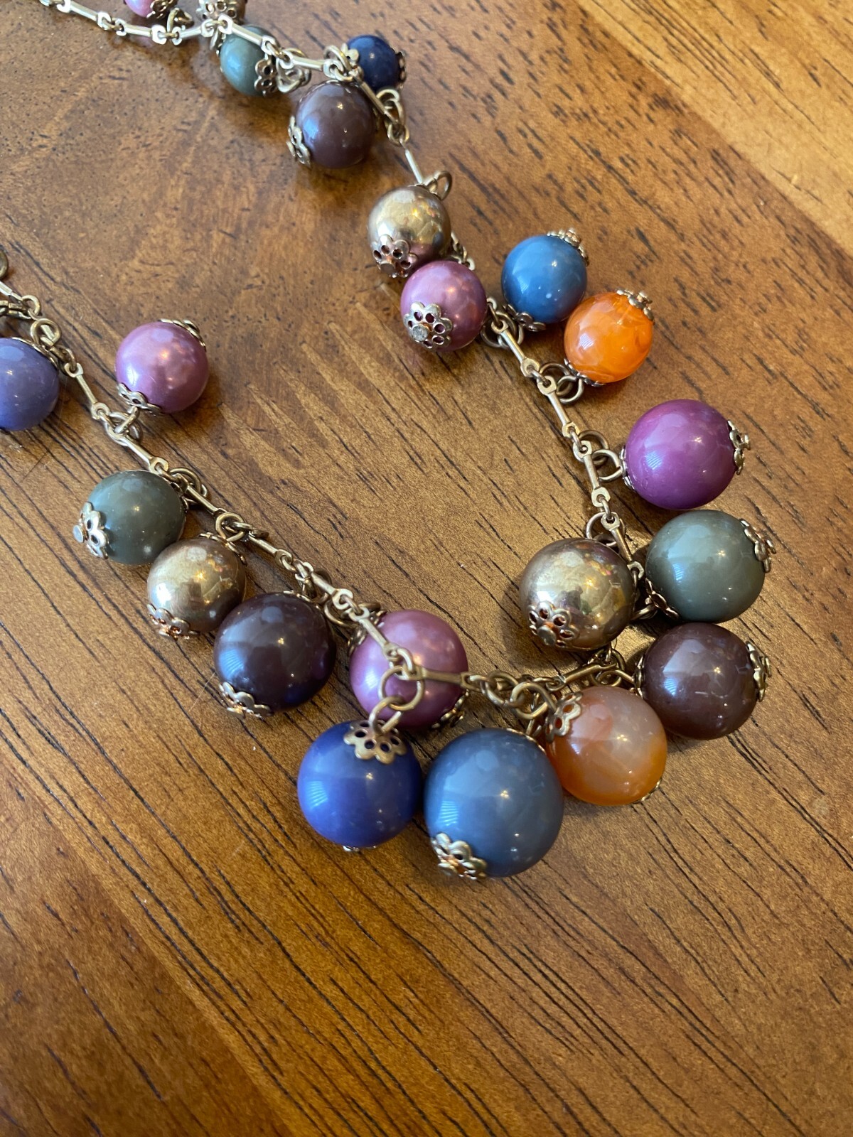Vintage Colorful Cha-Cha Style Mixed Bead Necklace Gold Plated Bar-Link Chain