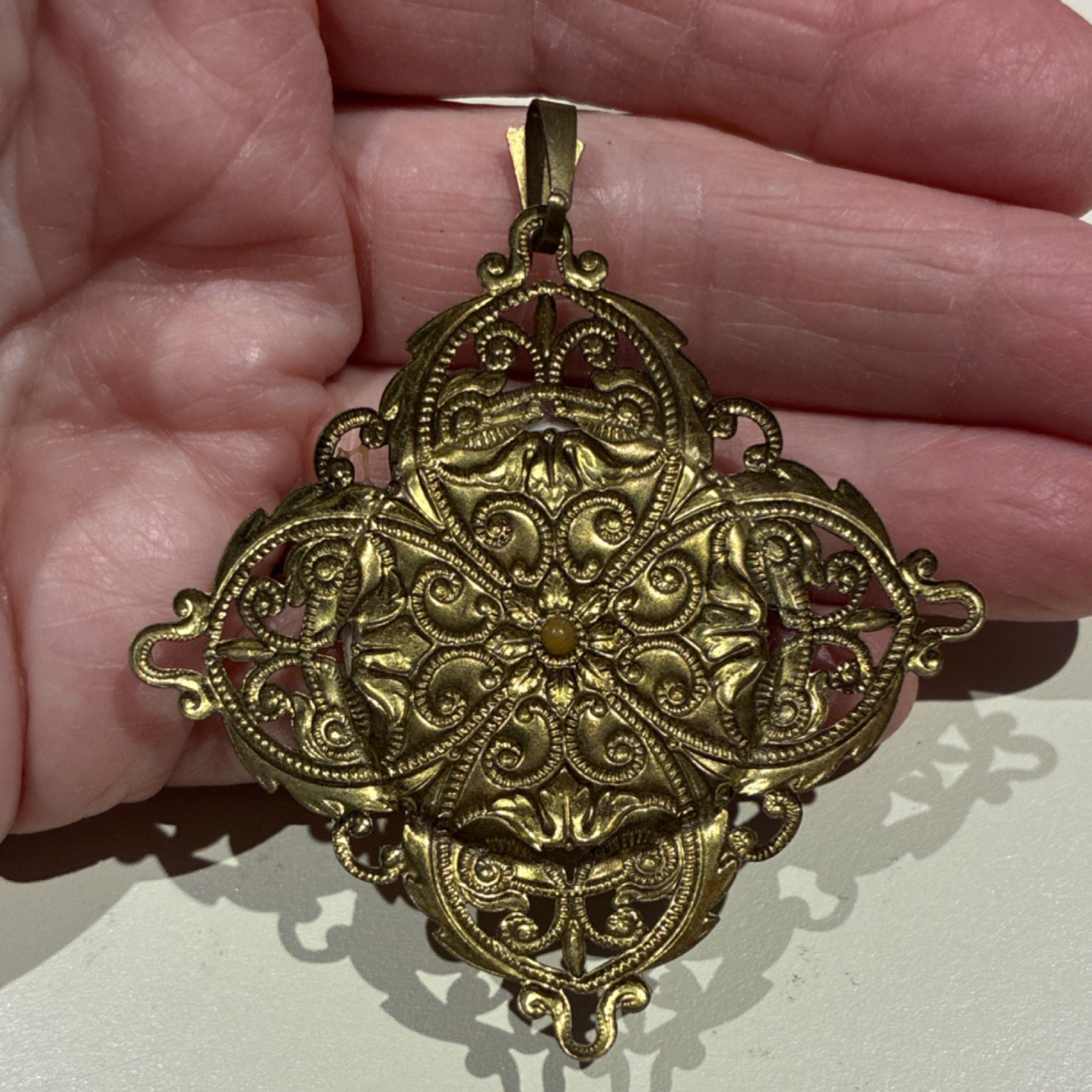 Vintage Brass Filigree Oval Portrait Pendant Gold Tone Art Beauty
