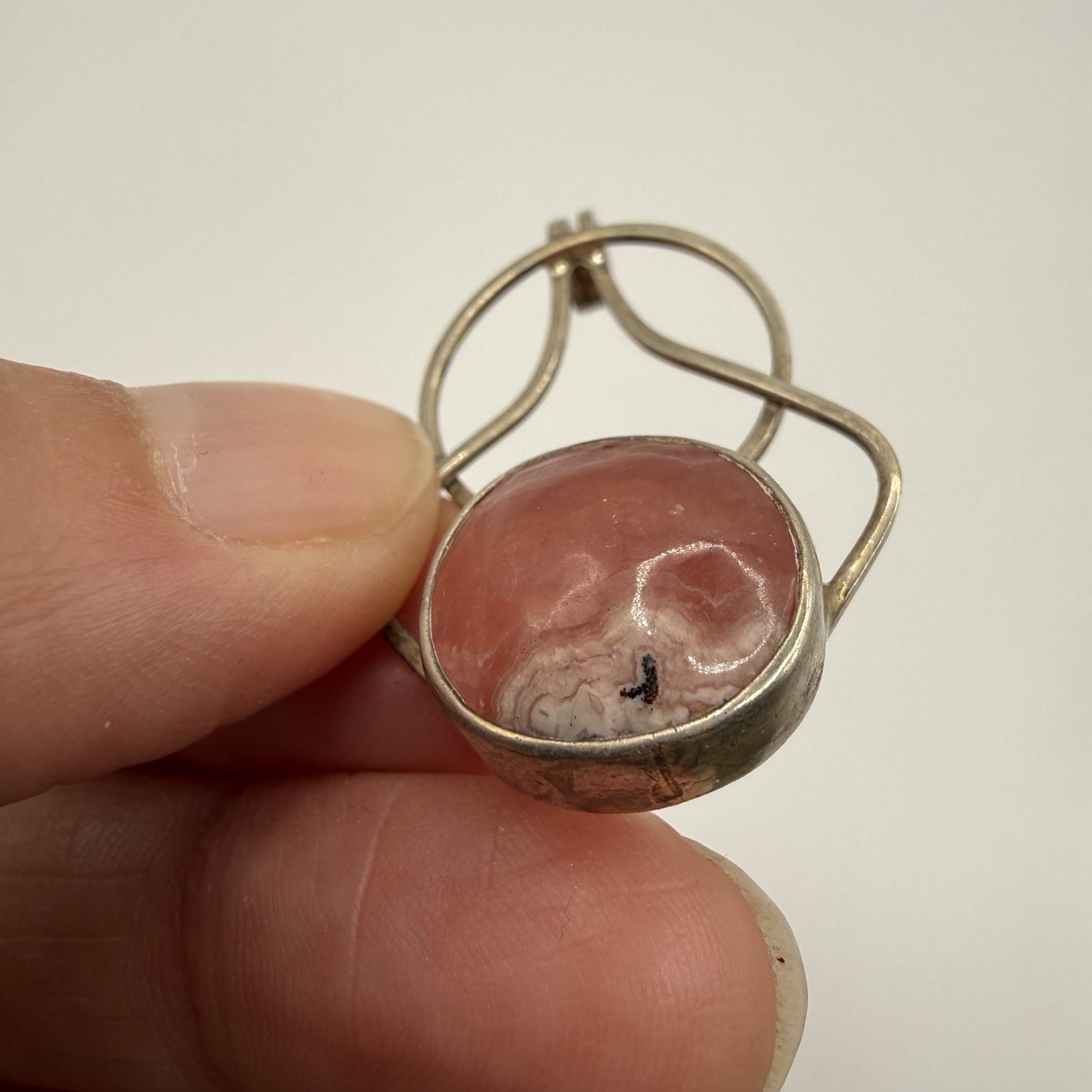 Vintage Sterling Silver Pink Stone Pendant Necklace 1.5”