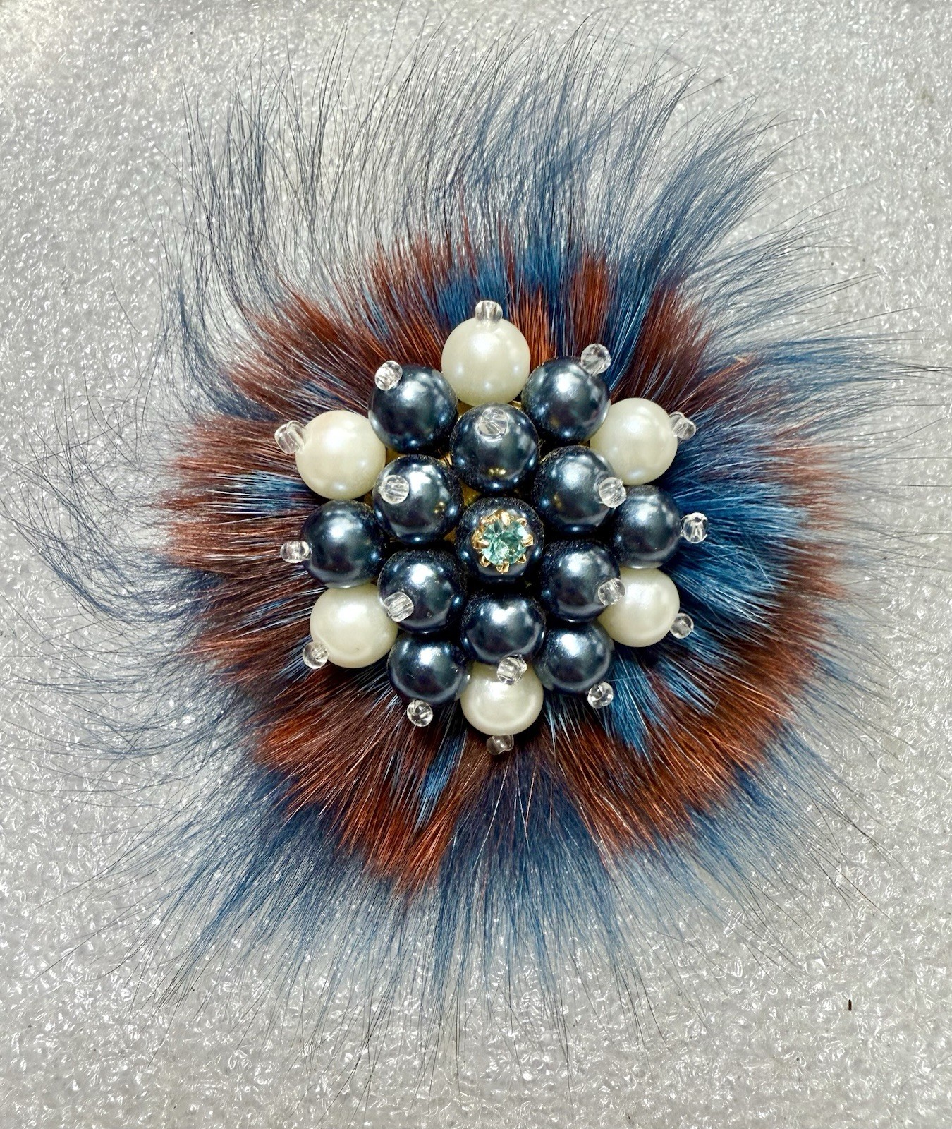 Faux FUR Red & Blue W/Glass Pearls & Rhinestone 3” Brooch/Hair Clip