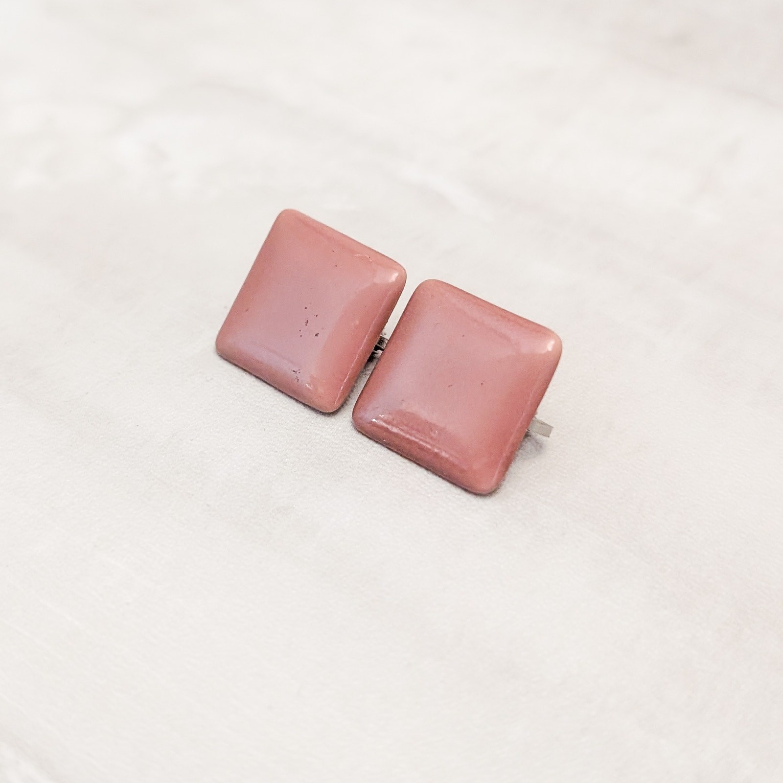 Vintage Clip On Earrings Light Brown with Pinkish Undertone Square Shape Retro