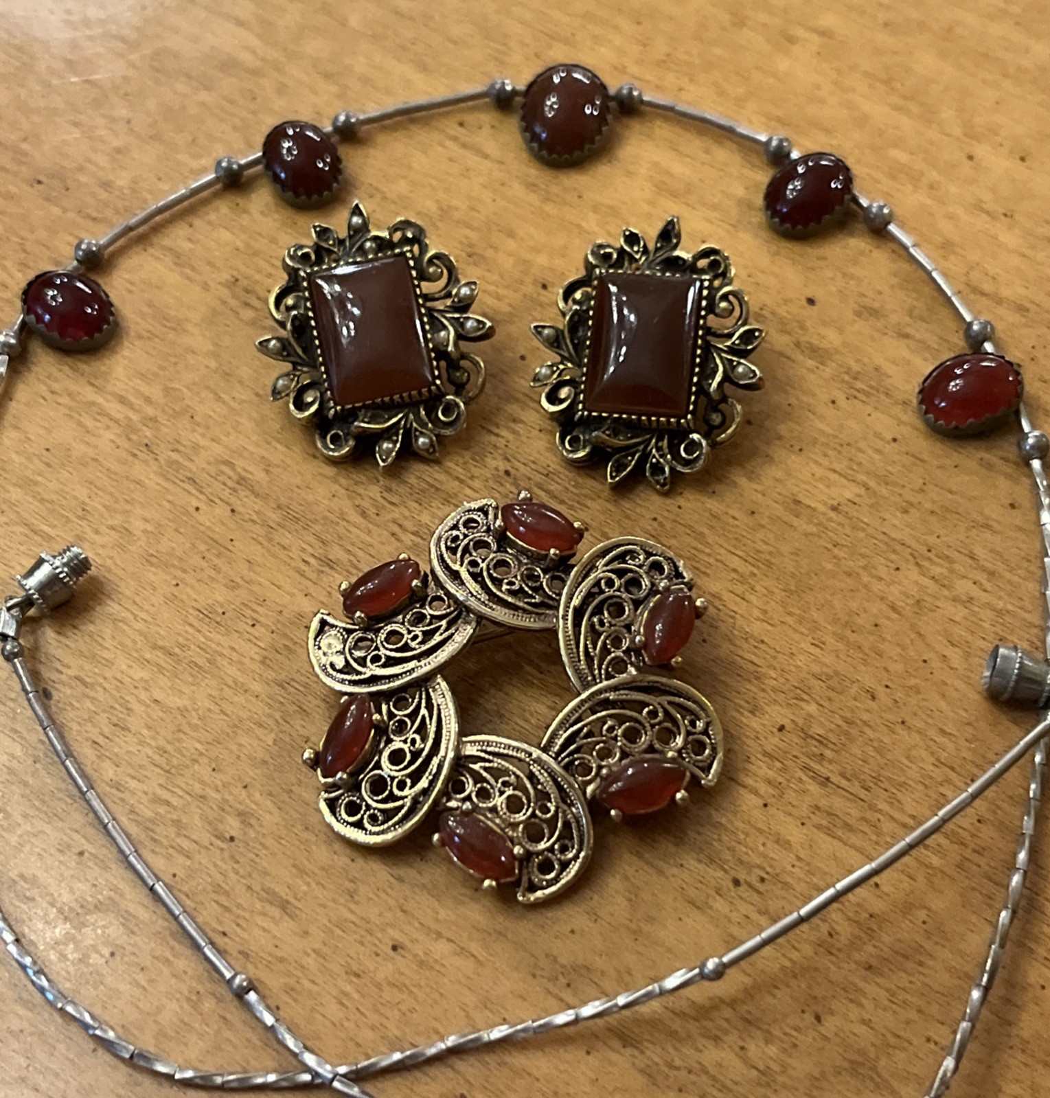 Vintage Carnelian Cabochon ART Clip On Earrings TACOA Brooch And Necklace Set